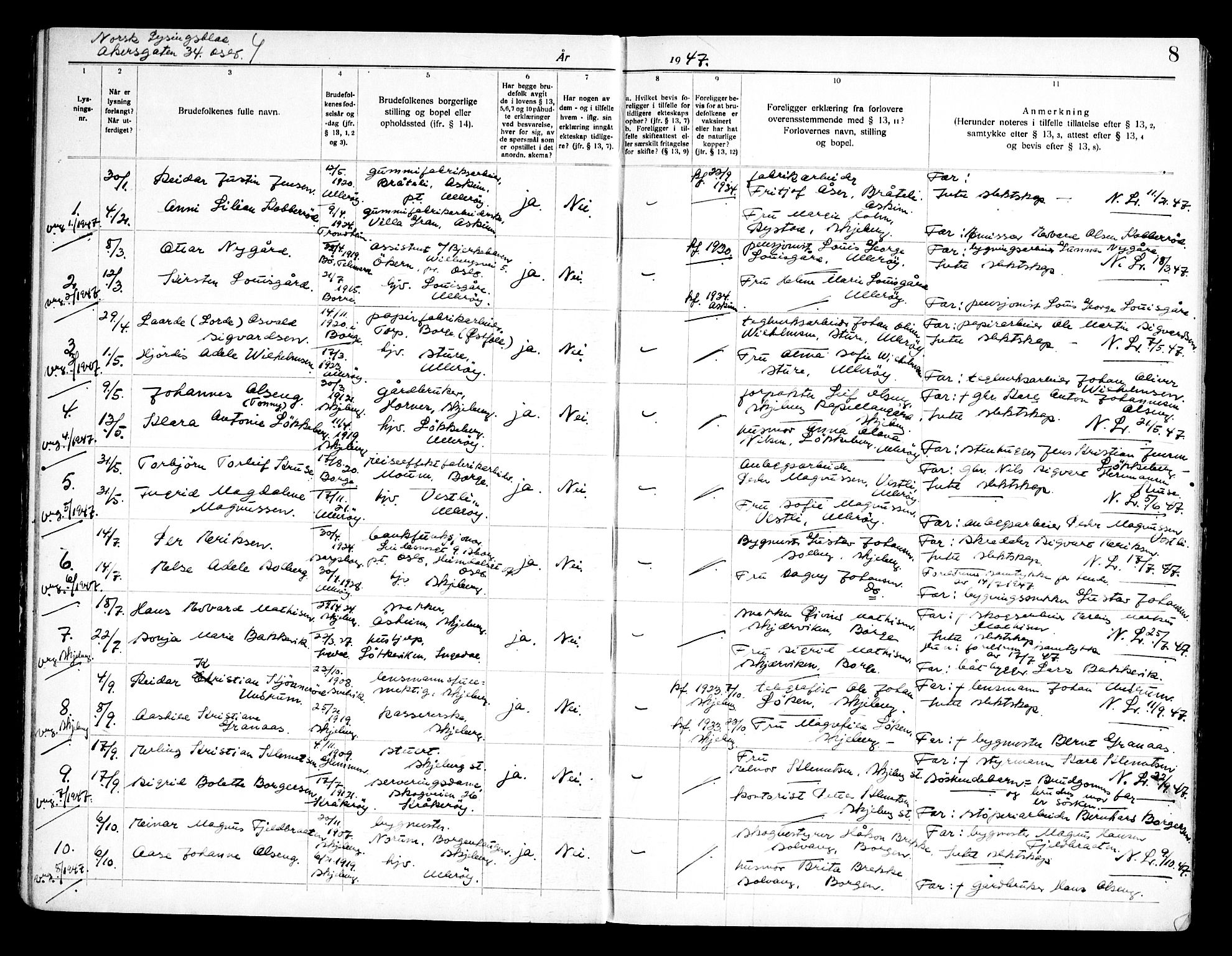Skjeberg prestekontor Kirkebøker, AV/SAO-A-10923/H/Ha/L0004: Banns register no. I 4, 1938-1970, p. 8