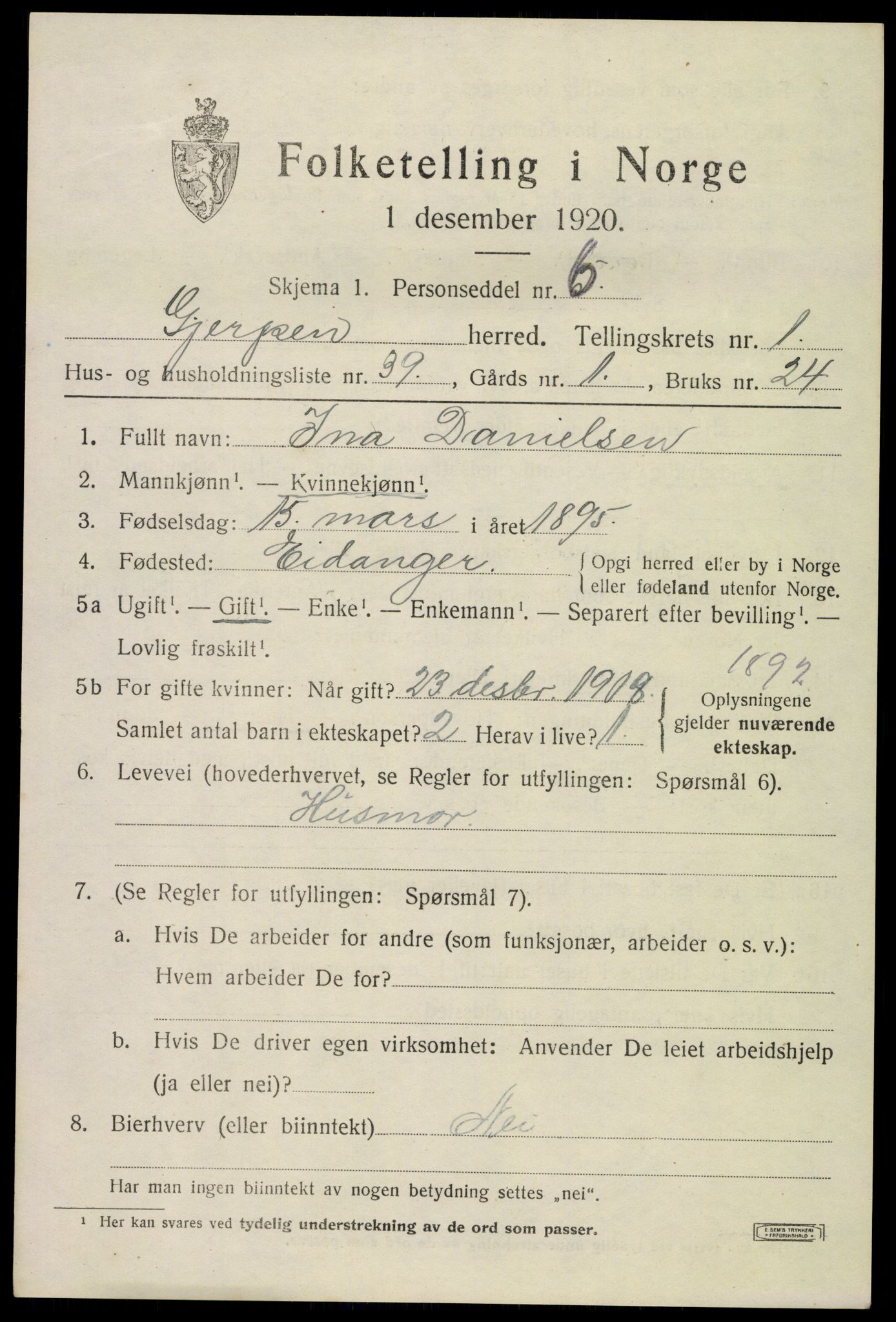 SAKO, 1920 census for Gjerpen, 1920, p. 3102