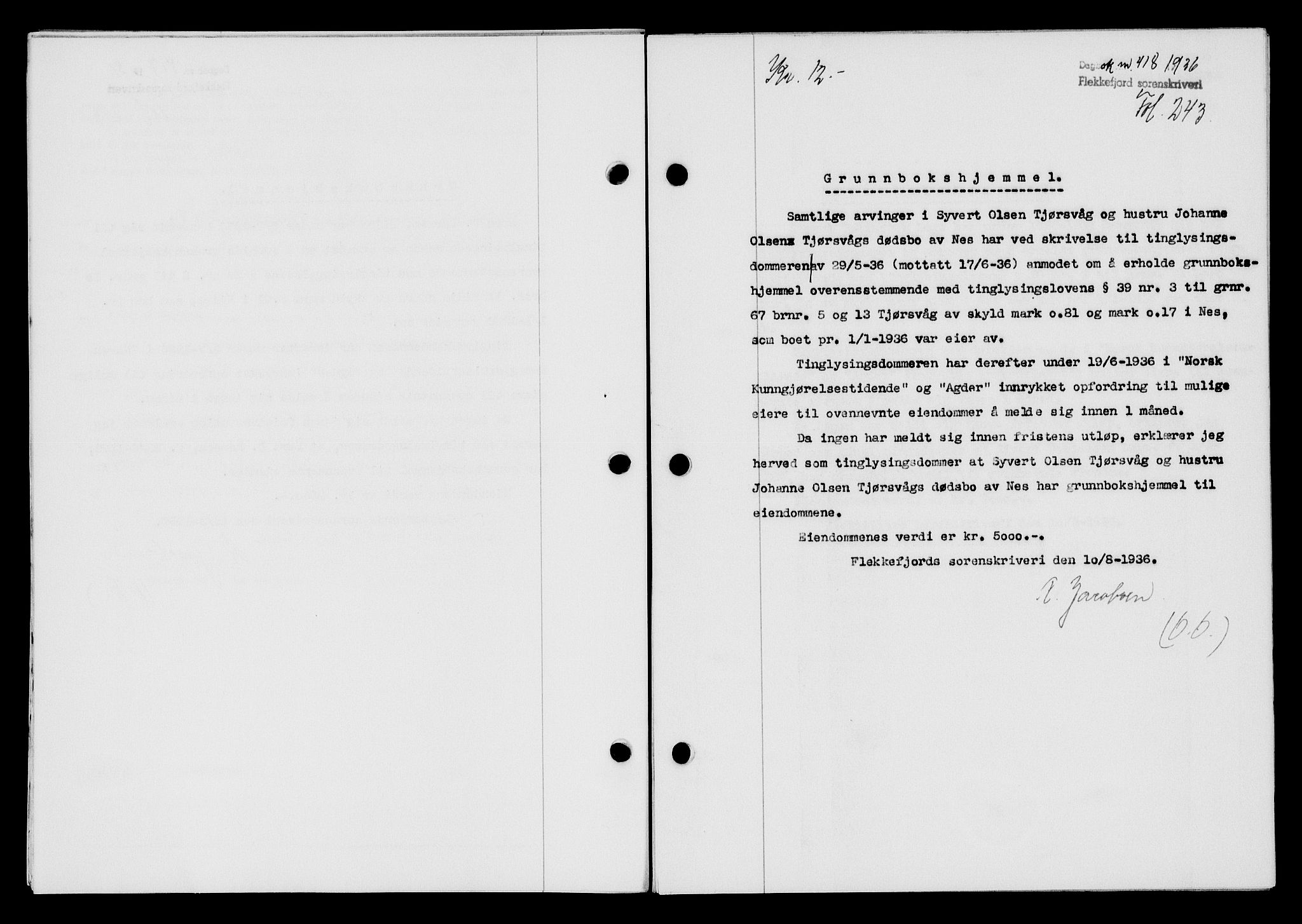 Flekkefjord sorenskriveri, SAK/1221-0001/G/Gb/Gba/L0053: Mortgage book no. A-1, 1936-1937, Diary no: : 418/1936