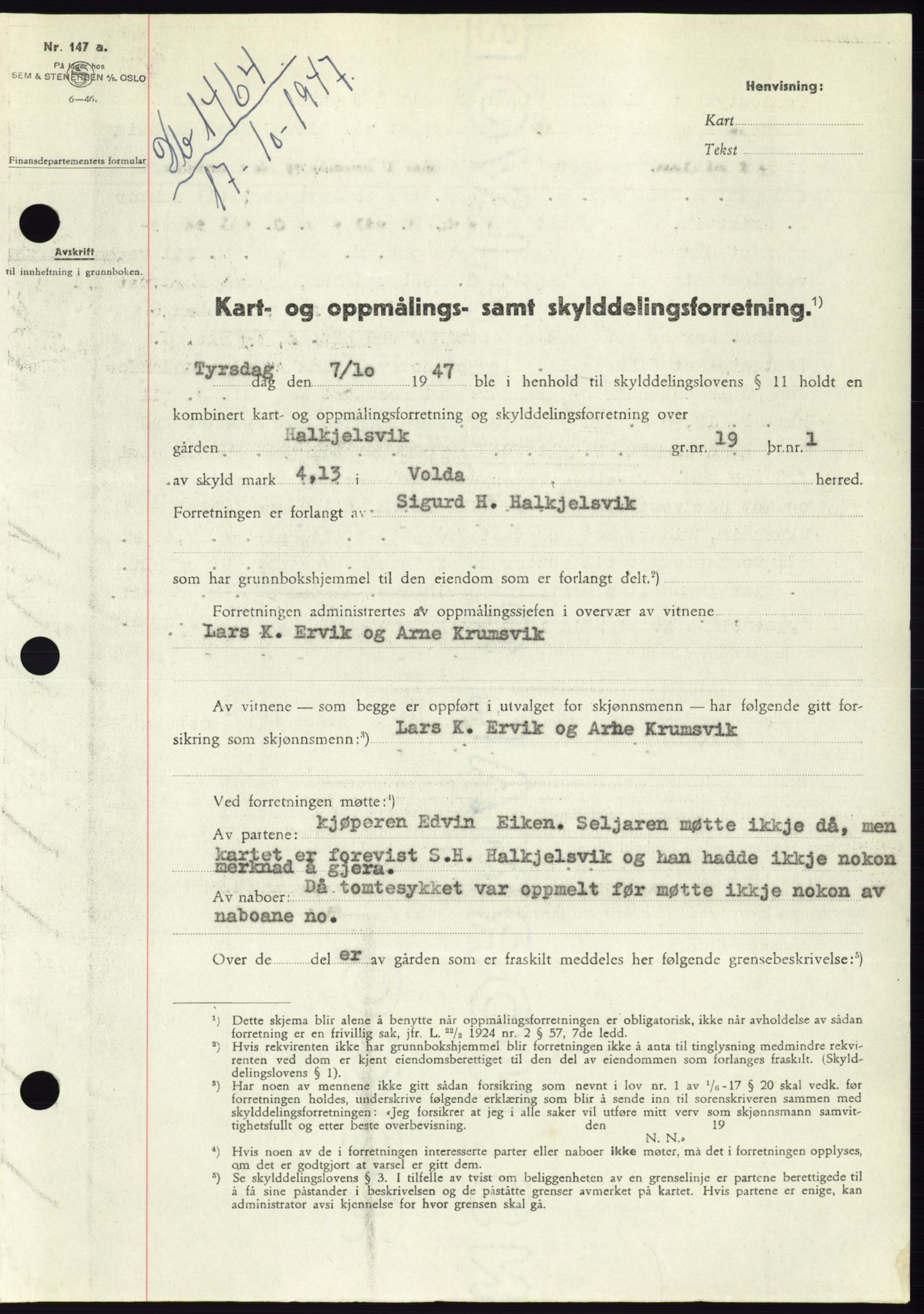 Søre Sunnmøre sorenskriveri, AV/SAT-A-4122/1/2/2C/L0081: Mortgage book no. 7A, 1947-1948, Diary no: : 1464/1947