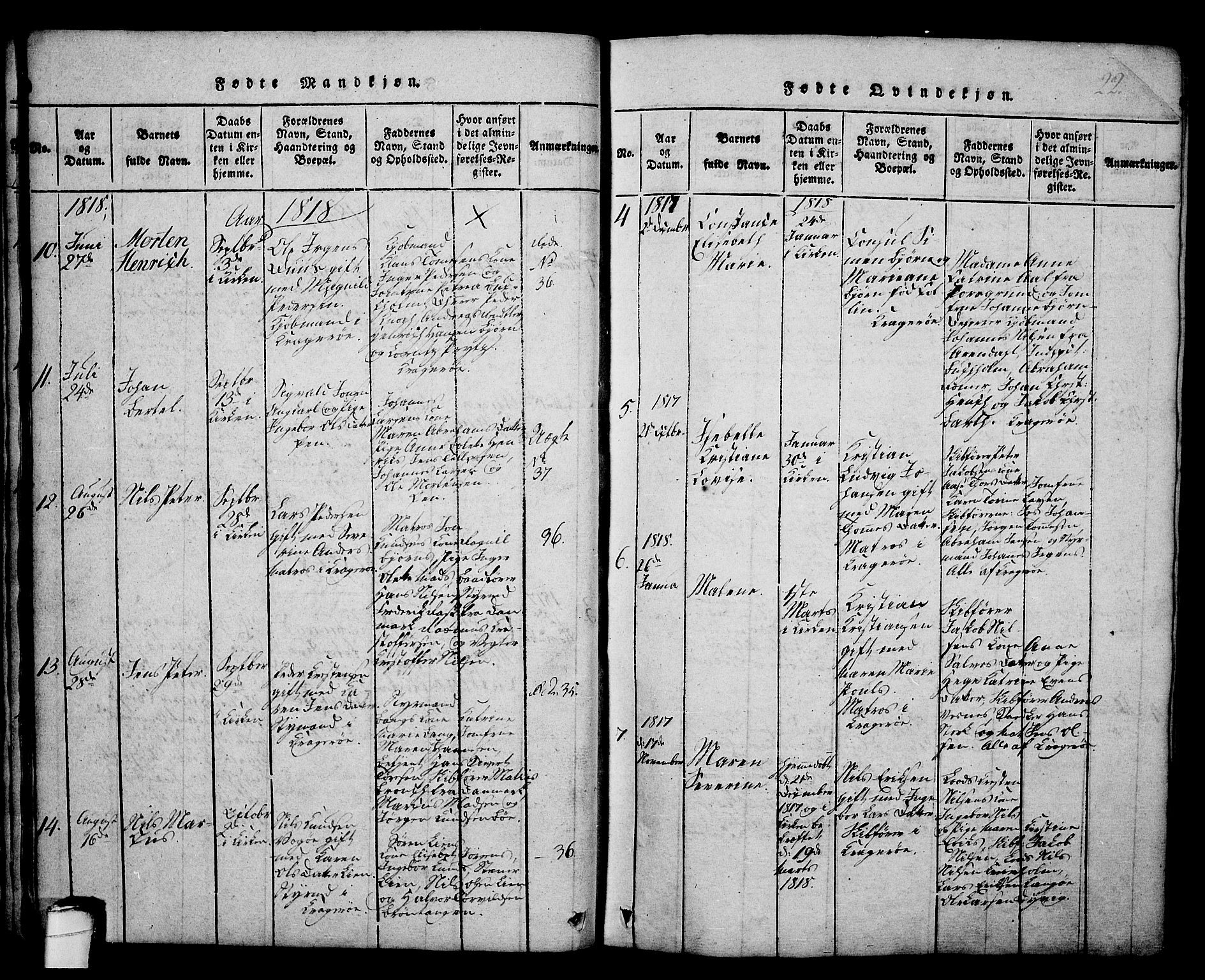 Kragerø kirkebøker, AV/SAKO-A-278/G/Ga/L0002: Parish register (copy) no. 2, 1814-1831, p. 22