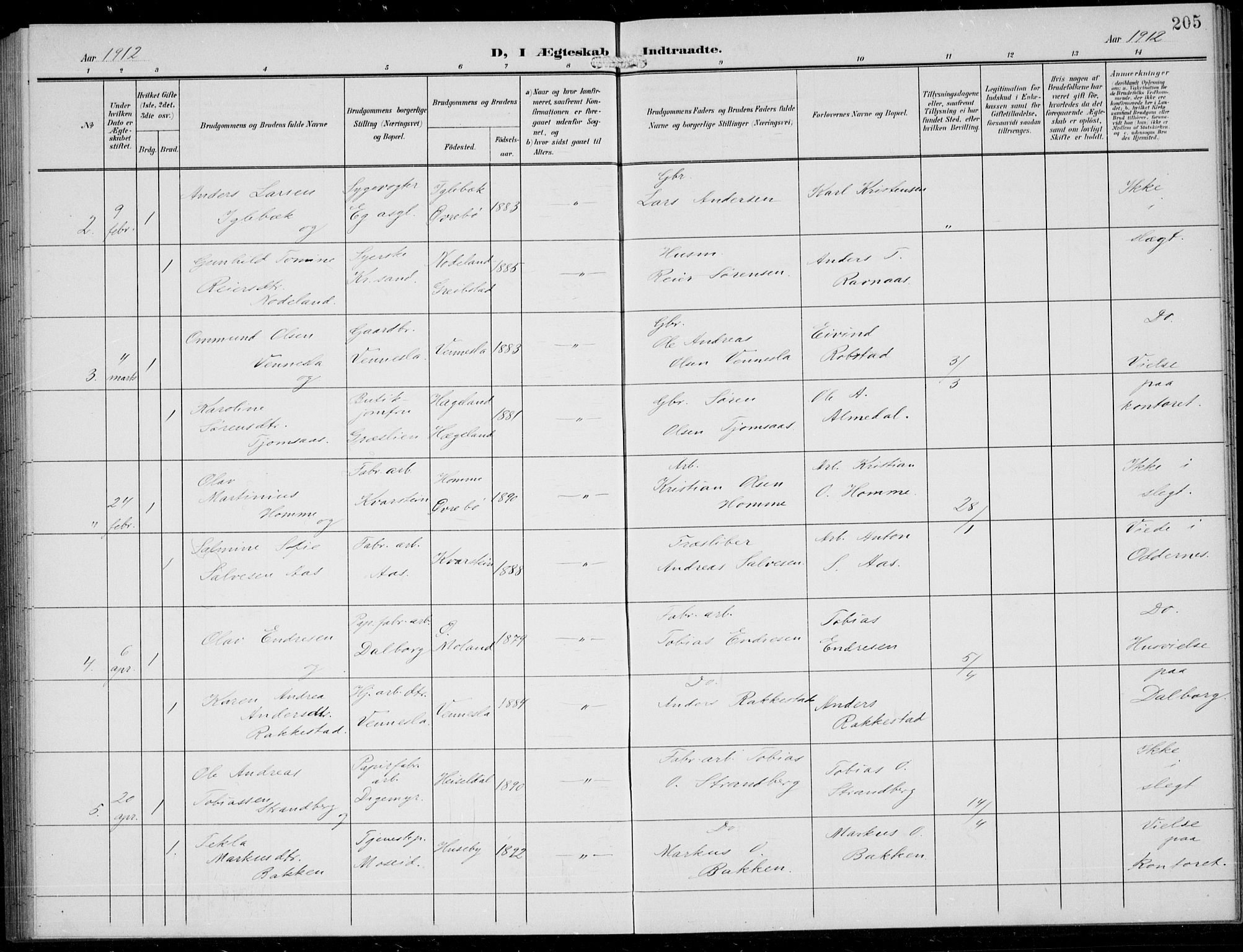 Vennesla sokneprestkontor, AV/SAK-1111-0045/Fb/Fbb/L0005: Parish register (copy) no. B 5, 1903-1913, p. 205