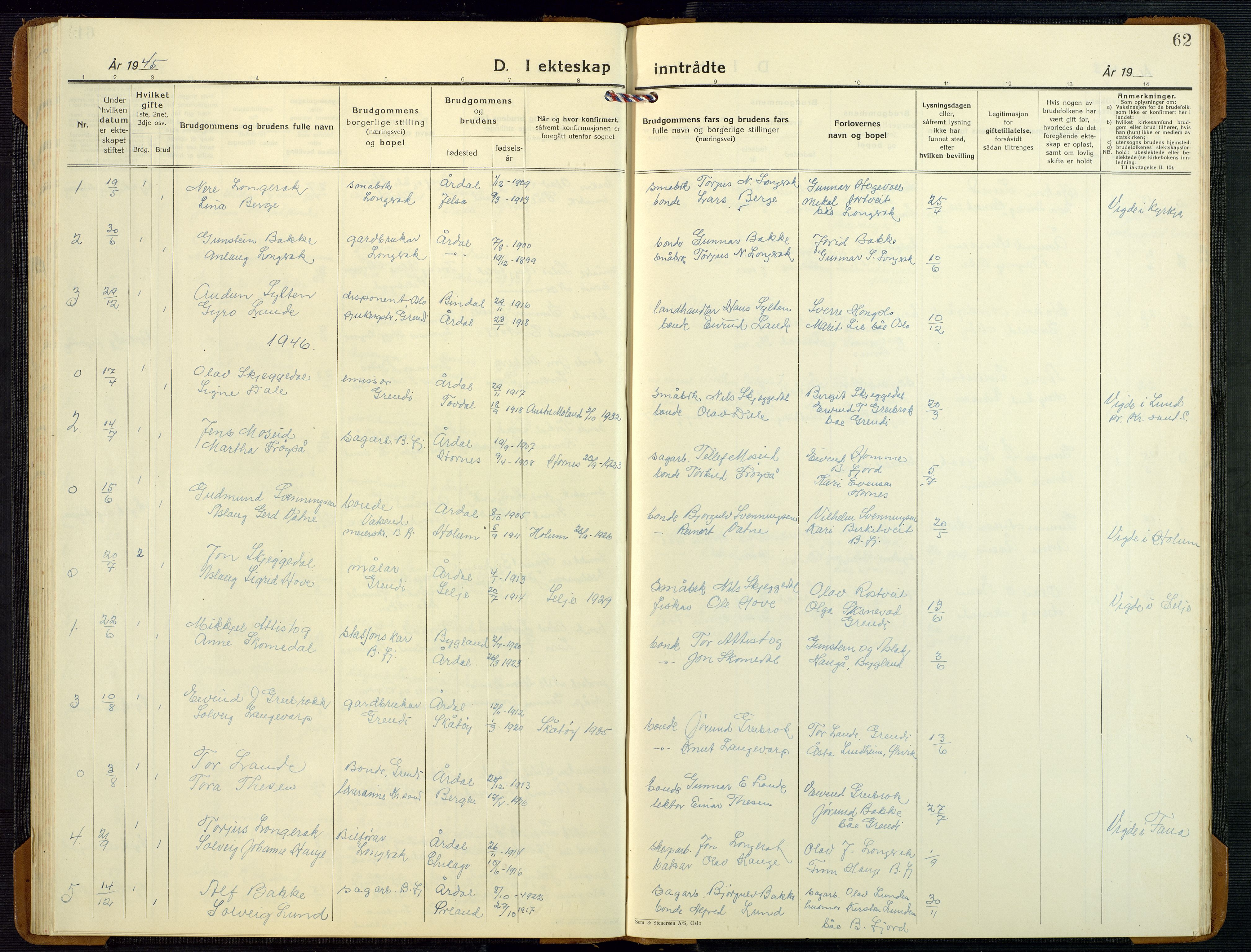 Bygland sokneprestkontor, SAK/1111-0006/F/Fb/Fbd/L0004: Parish register (copy) no. B 4, 1926-1971, p. 62
