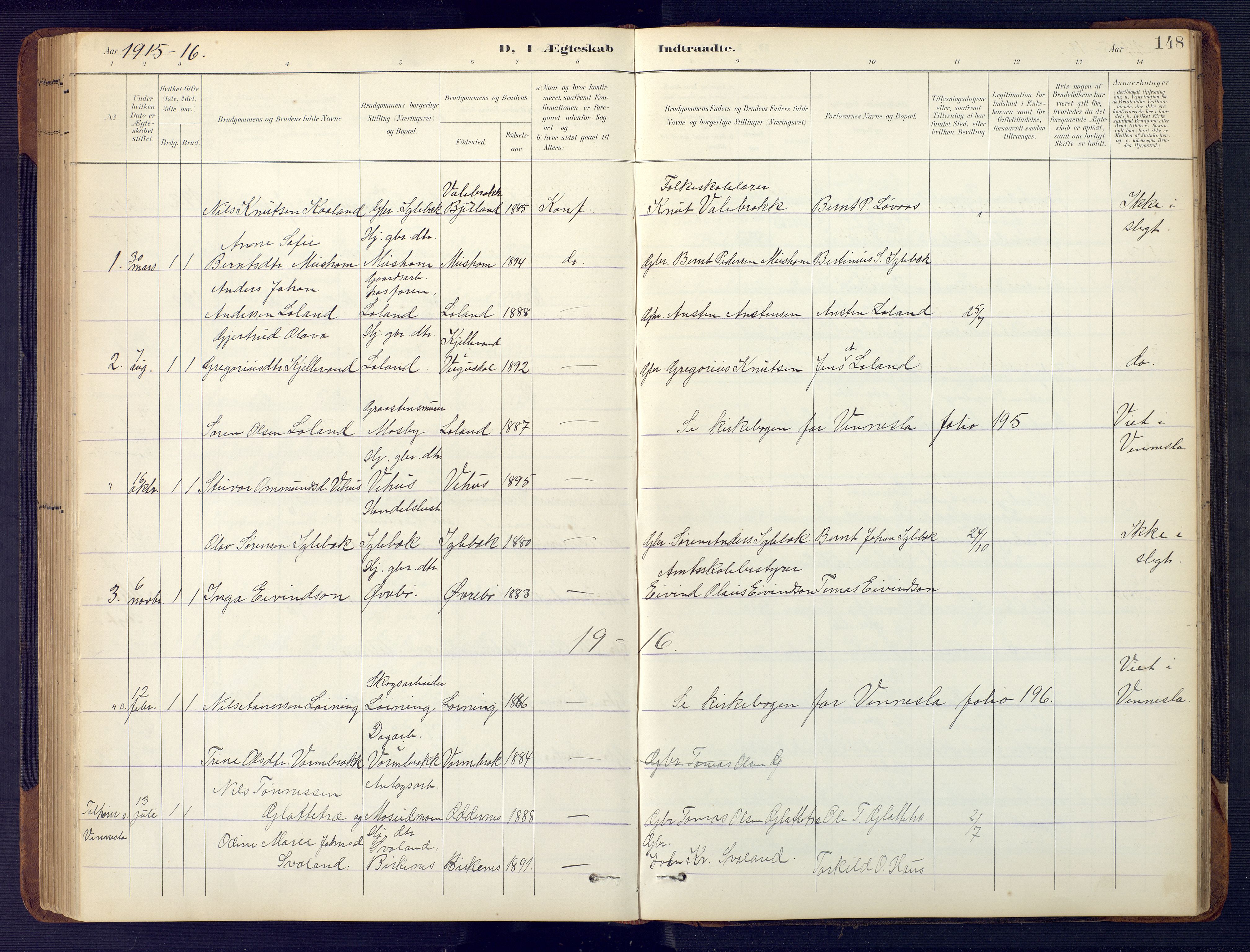 Vennesla sokneprestkontor, SAK/1111-0045/Fb/Fbc/L0003: Parish register (copy) no. B 3, 1895-1946, p. 148