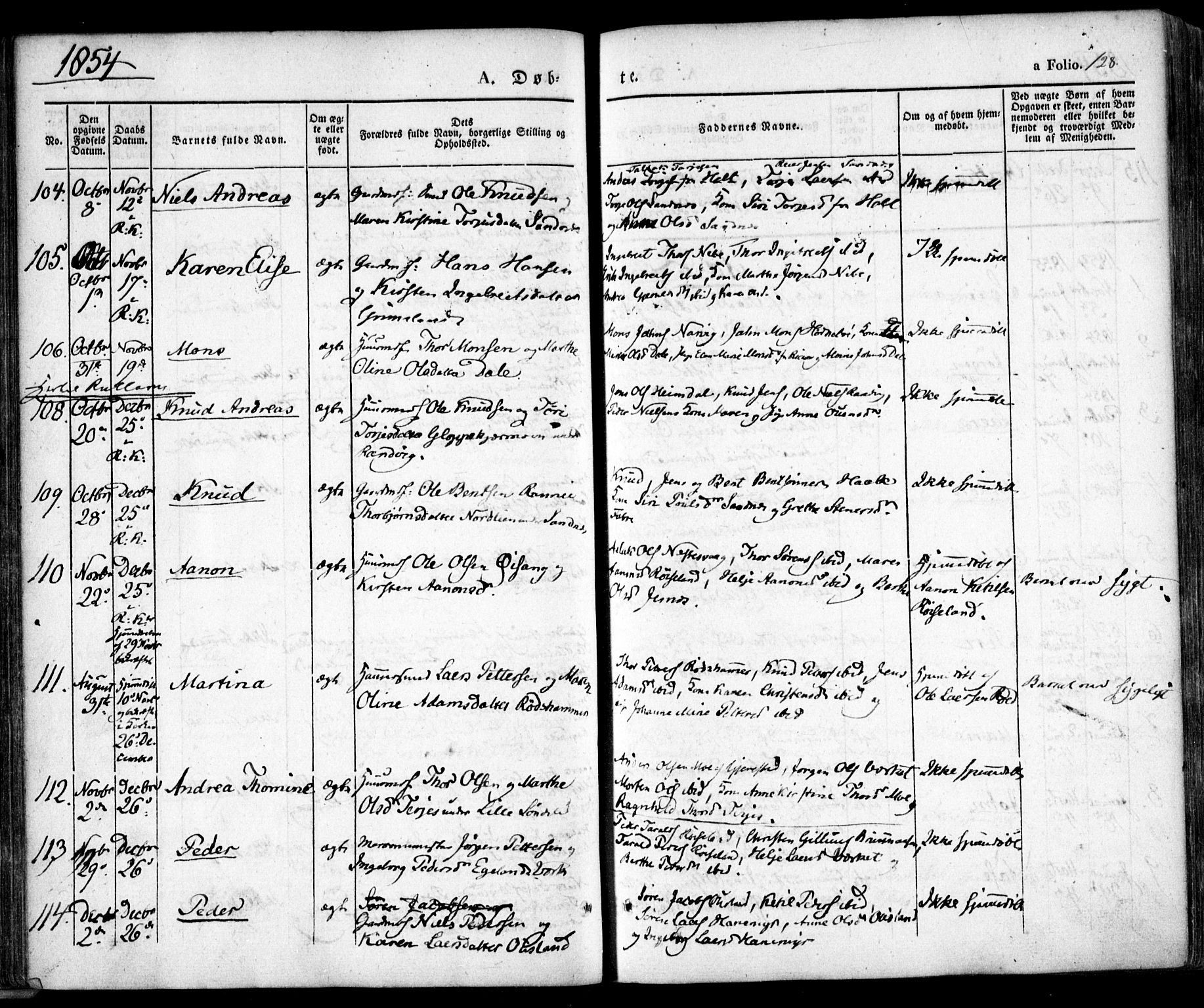 Søndeled sokneprestkontor, SAK/1111-0038/F/Fa/L0002: Parish register (official) no. A 2, 1839-1860, p. 128
