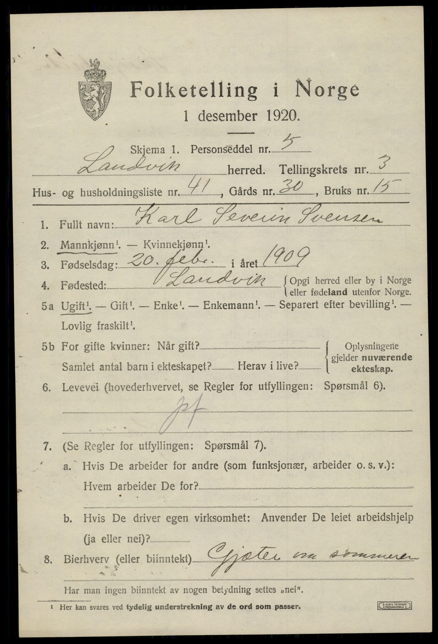 SAK, 1920 census for Landvik, 1920, p. 3298
