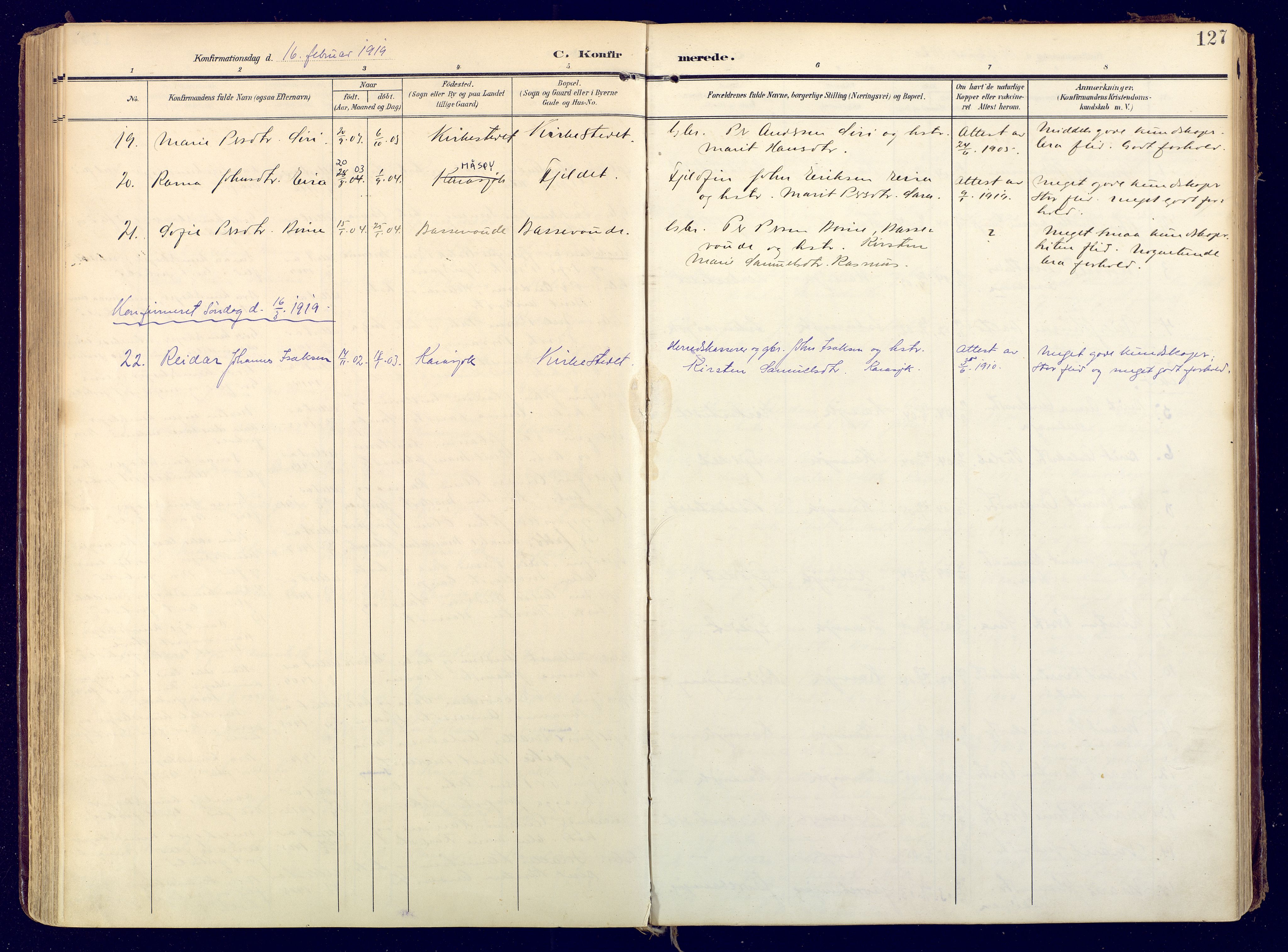 Karasjok sokneprestkontor, SATØ/S-1352/H/Ha: Parish register (official) no. 3, 1907-1926, p. 127
