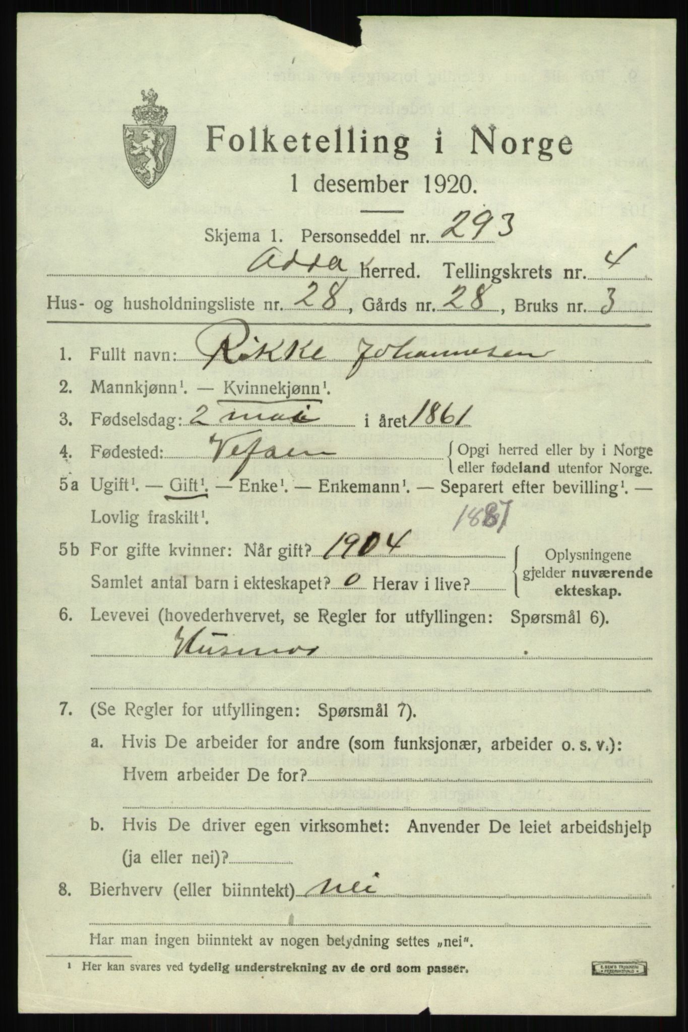 SAB, 1920 census for Odda, 1920, p. 3157