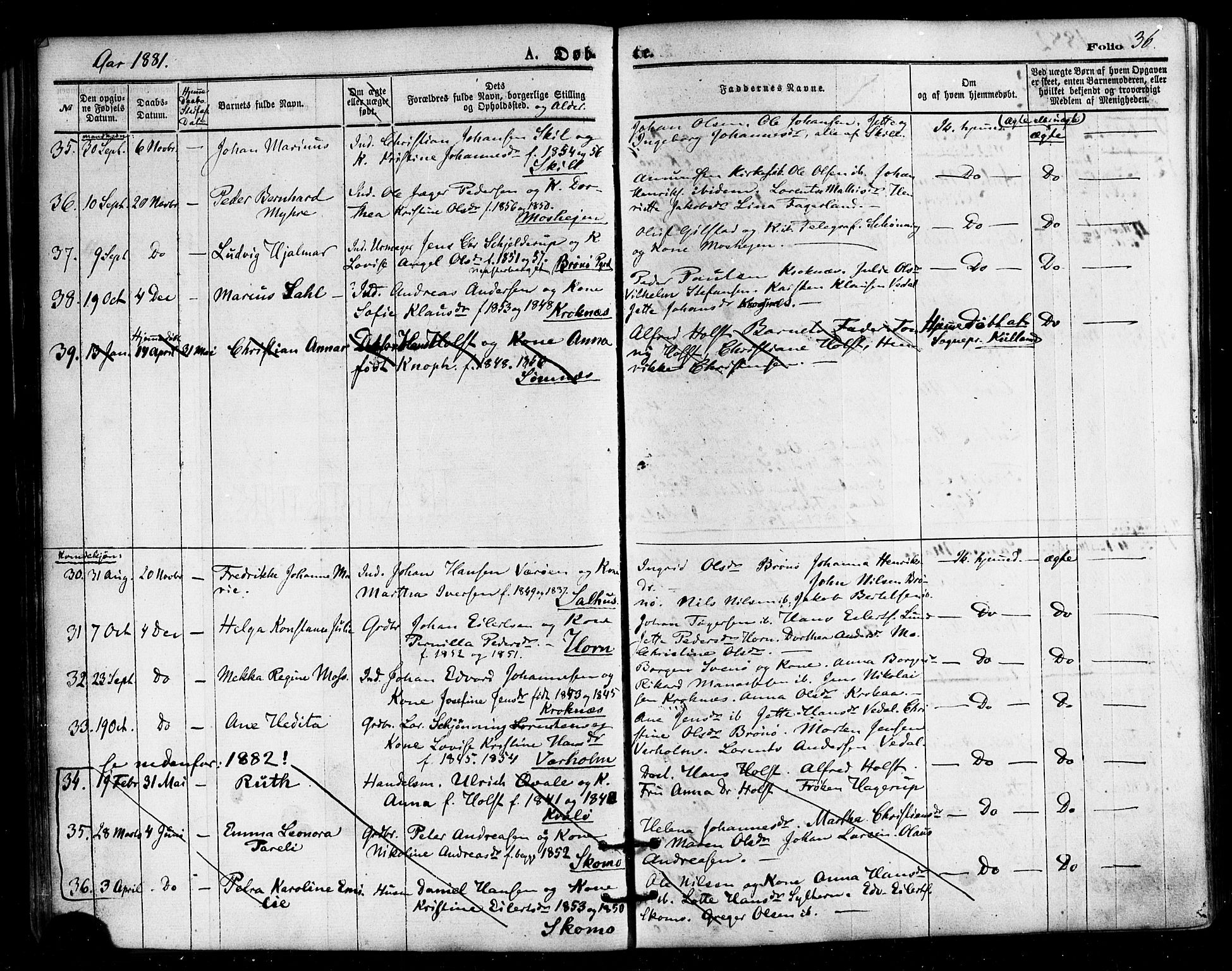 Ministerialprotokoller, klokkerbøker og fødselsregistre - Nordland, AV/SAT-A-1459/813/L0199: Parish register (official) no. 813A09, 1875-1885, p. 36