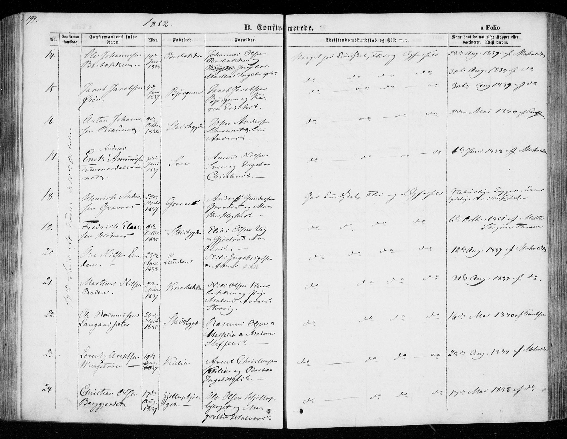 Ministerialprotokoller, klokkerbøker og fødselsregistre - Nord-Trøndelag, SAT/A-1458/701/L0007: Parish register (official) no. 701A07 /1, 1842-1854, p. 194
