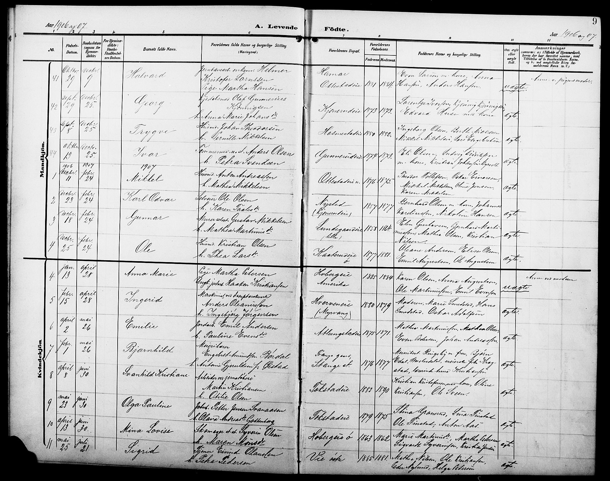 Stange prestekontor, AV/SAH-PREST-002/L/L0013: Parish register (copy) no. 13, 1906-1915, p. 9