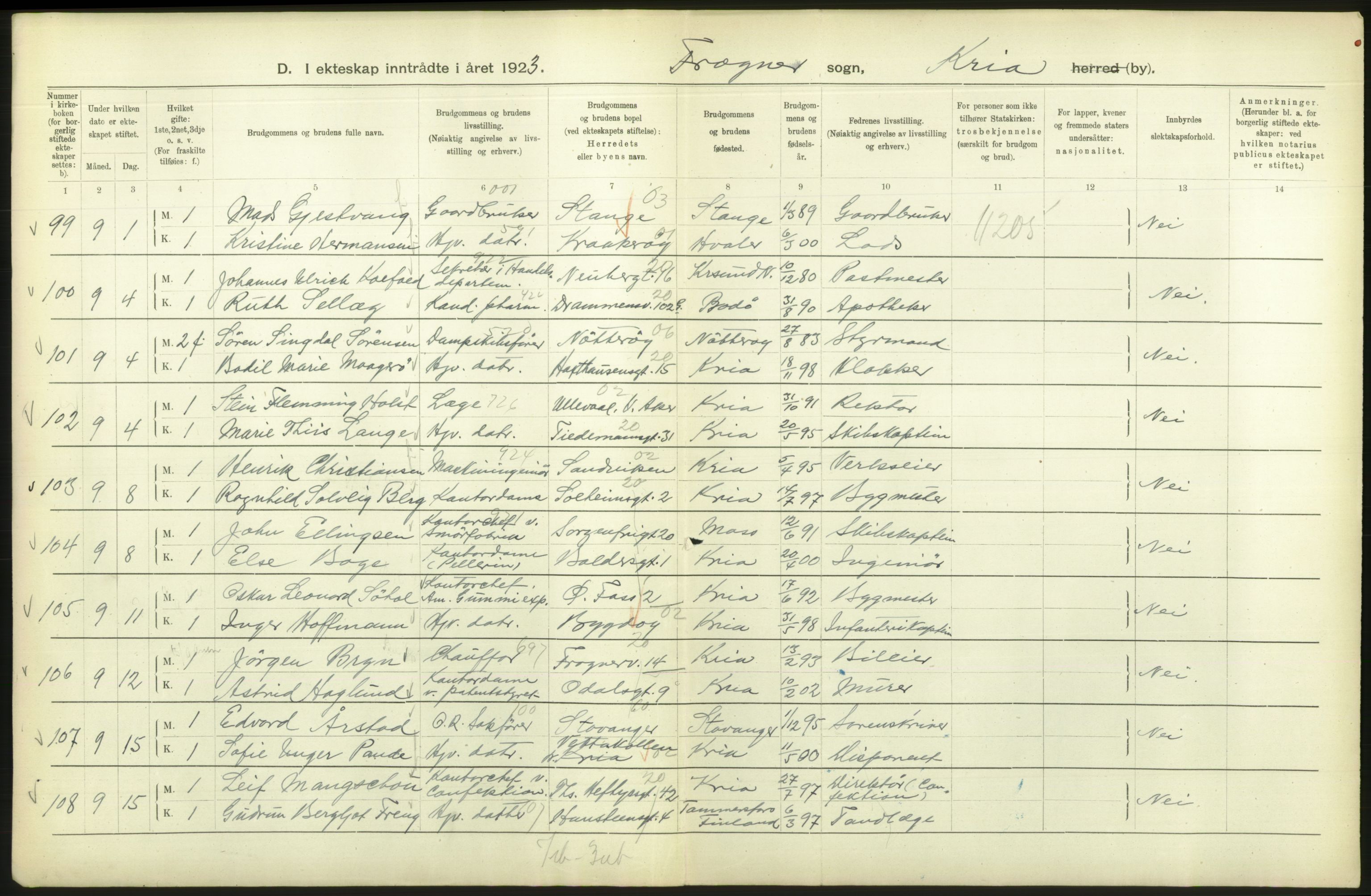 Statistisk sentralbyrå, Sosiodemografiske emner, Befolkning, AV/RA-S-2228/D/Df/Dfc/Dfcc/L0008: Kristiania: Gifte, 1923, p. 318