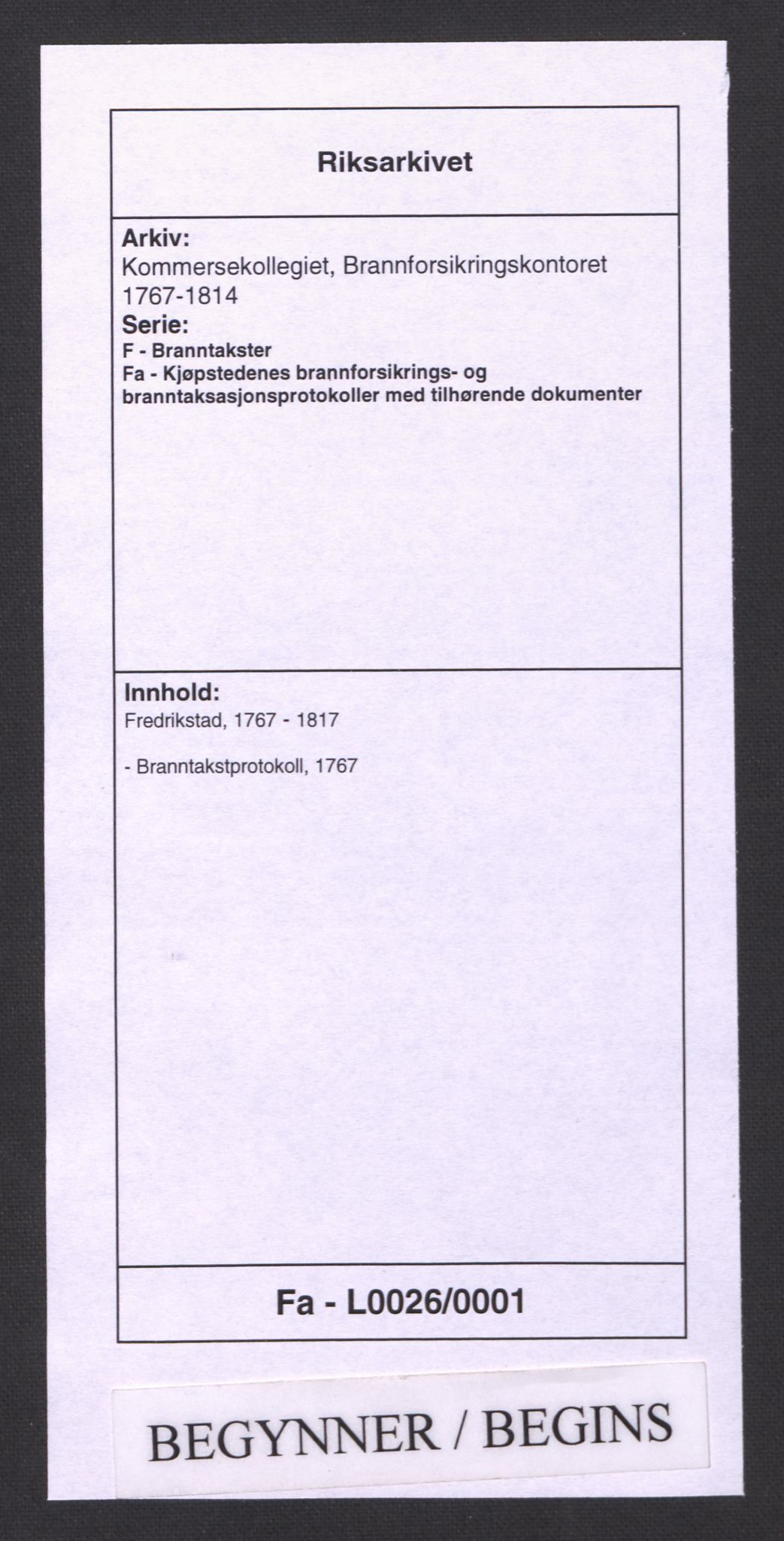 Kommersekollegiet, Brannforsikringskontoret 1767-1814, RA/EA-5458/F/Fa/L0026/0001: Fredrikstad / Branntakstprotokoll, 1767