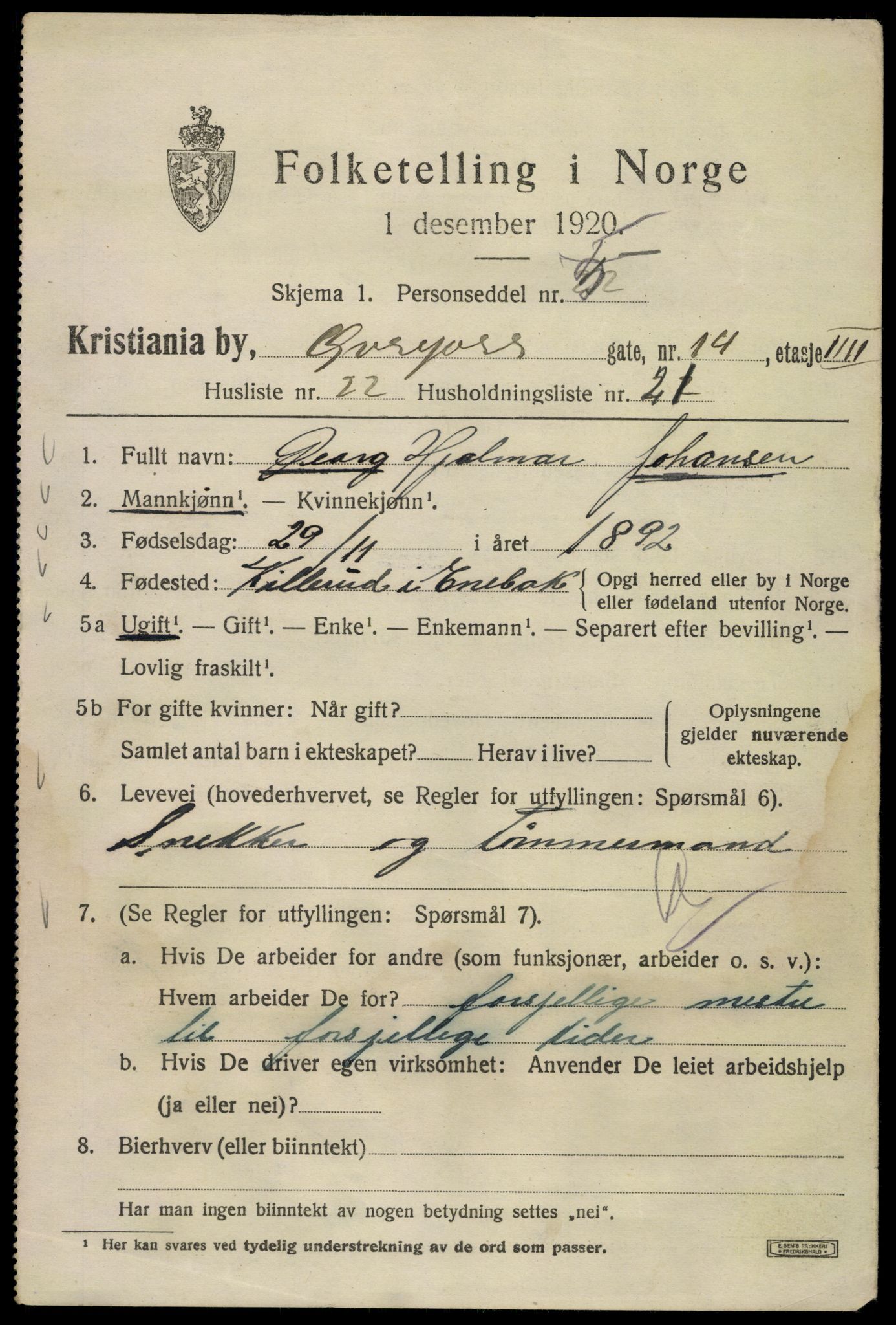 SAO, 1920 census for Kristiania, 1920, p. 660153