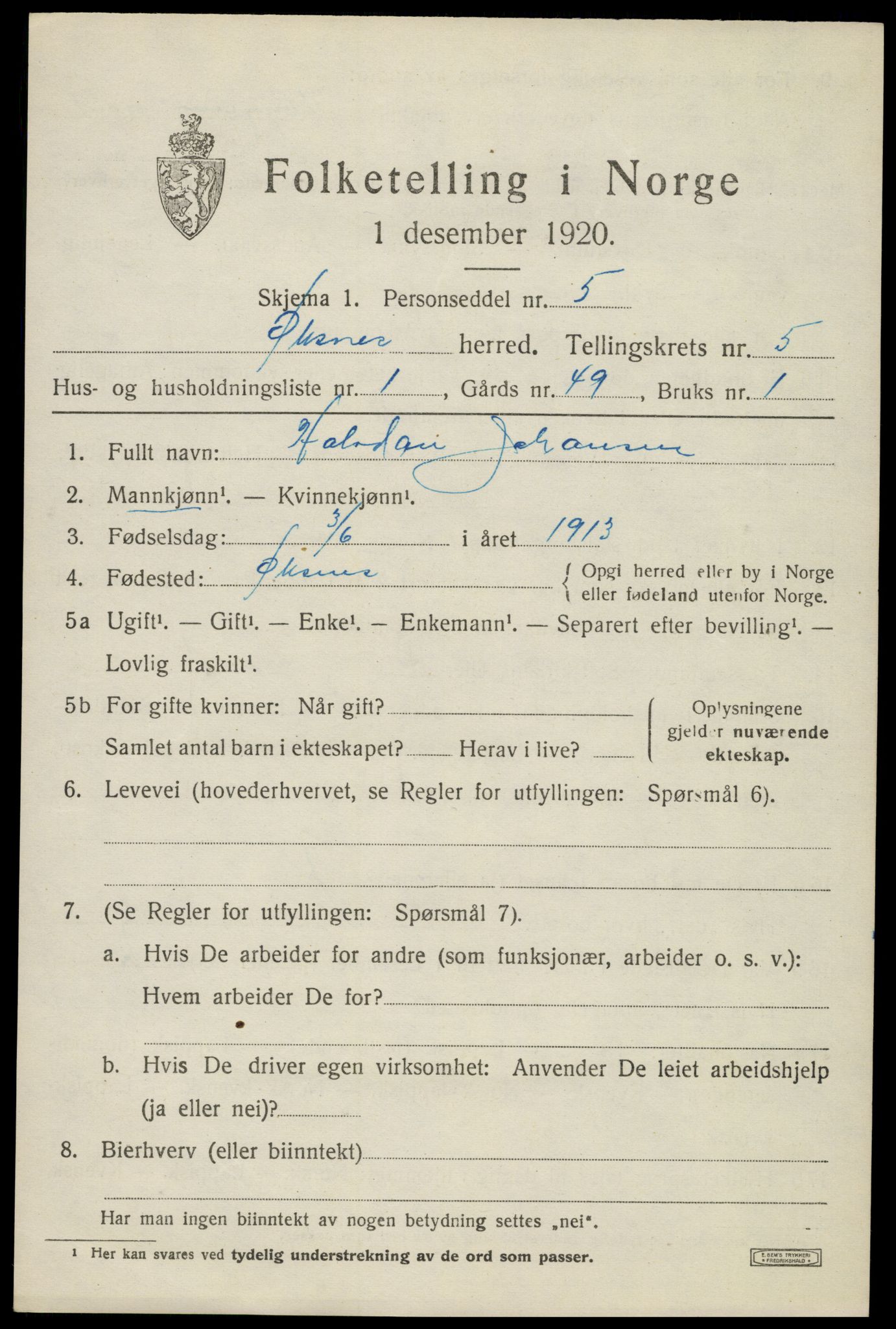 SAT, 1920 census for Øksnes, 1920, p. 3800