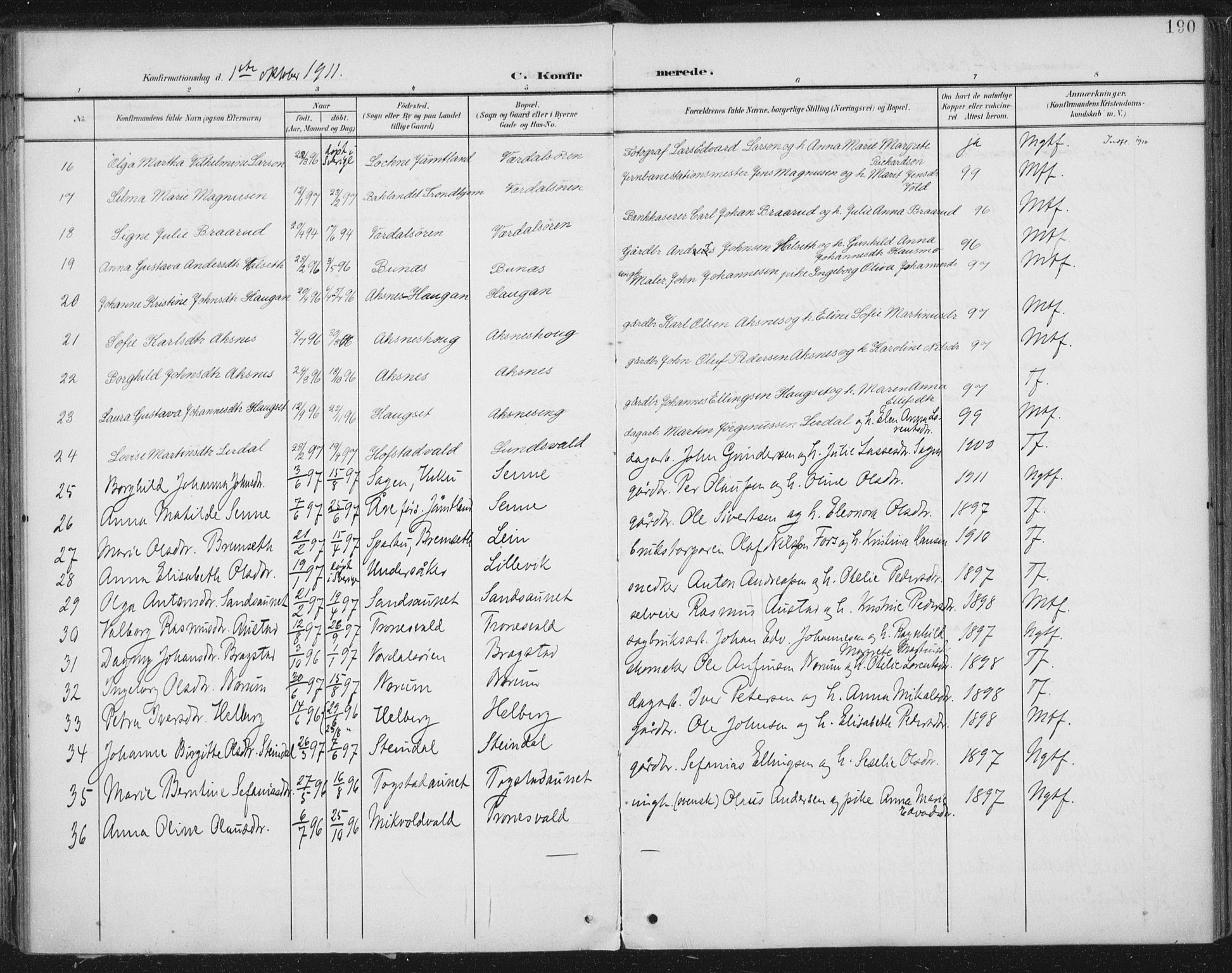 Ministerialprotokoller, klokkerbøker og fødselsregistre - Nord-Trøndelag, SAT/A-1458/723/L0246: Parish register (official) no. 723A15, 1900-1917, p. 190