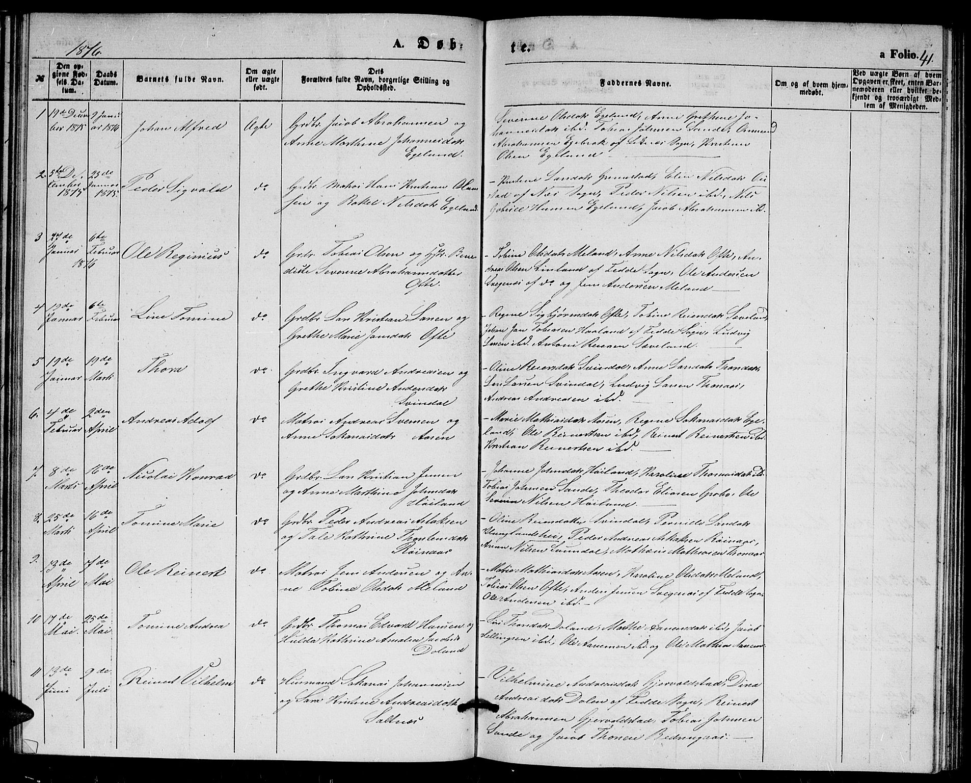 Herad sokneprestkontor, AV/SAK-1111-0018/F/Fb/Fba/L0003: Parish register (copy) no. B 3, 1863-1883, p. 41