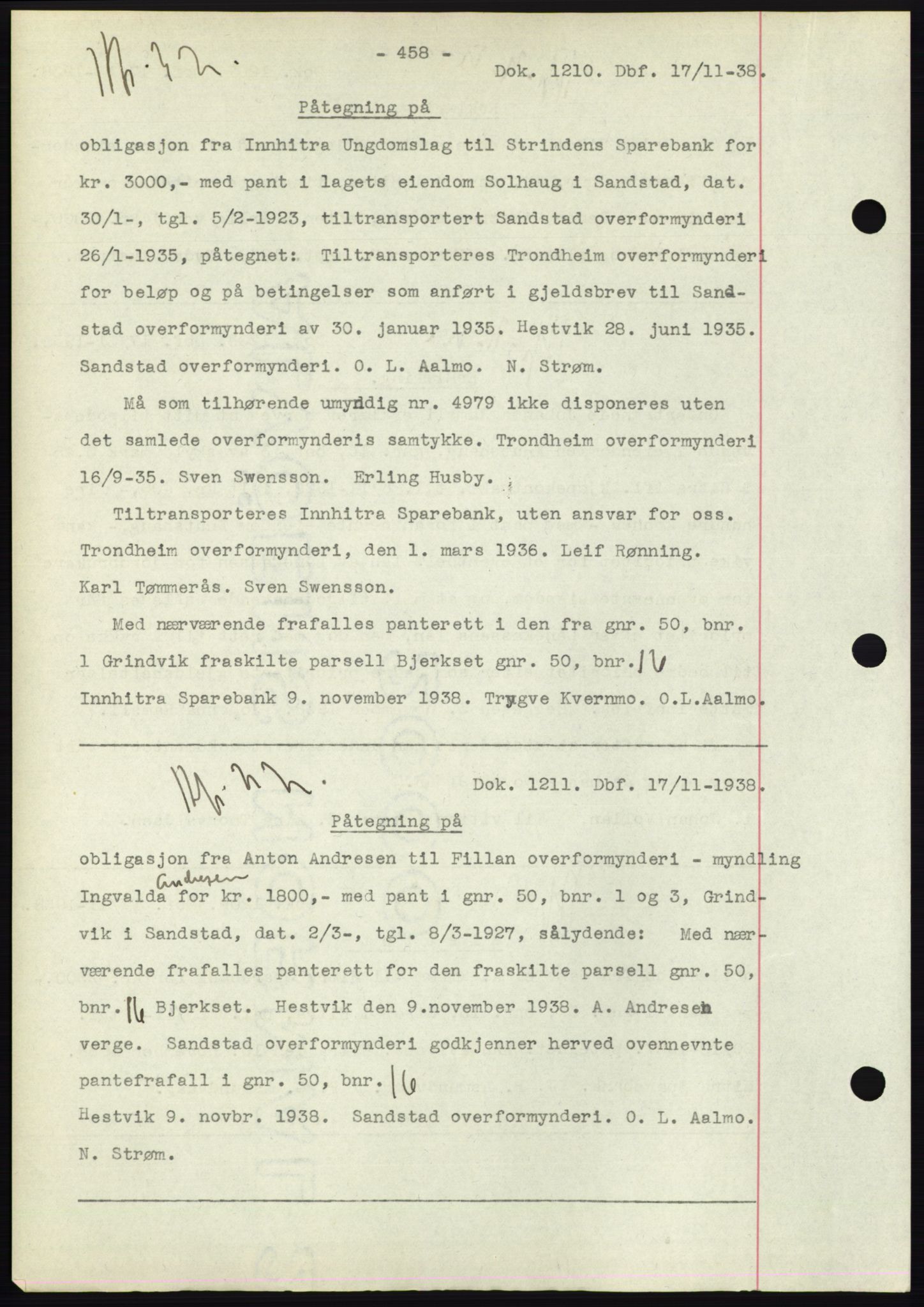 Hitra sorenskriveri, AV/SAT-A-0018/2/2C/2Ca: Mortgage book no. C1, 1936-1945, Diary no: : 1210/1938