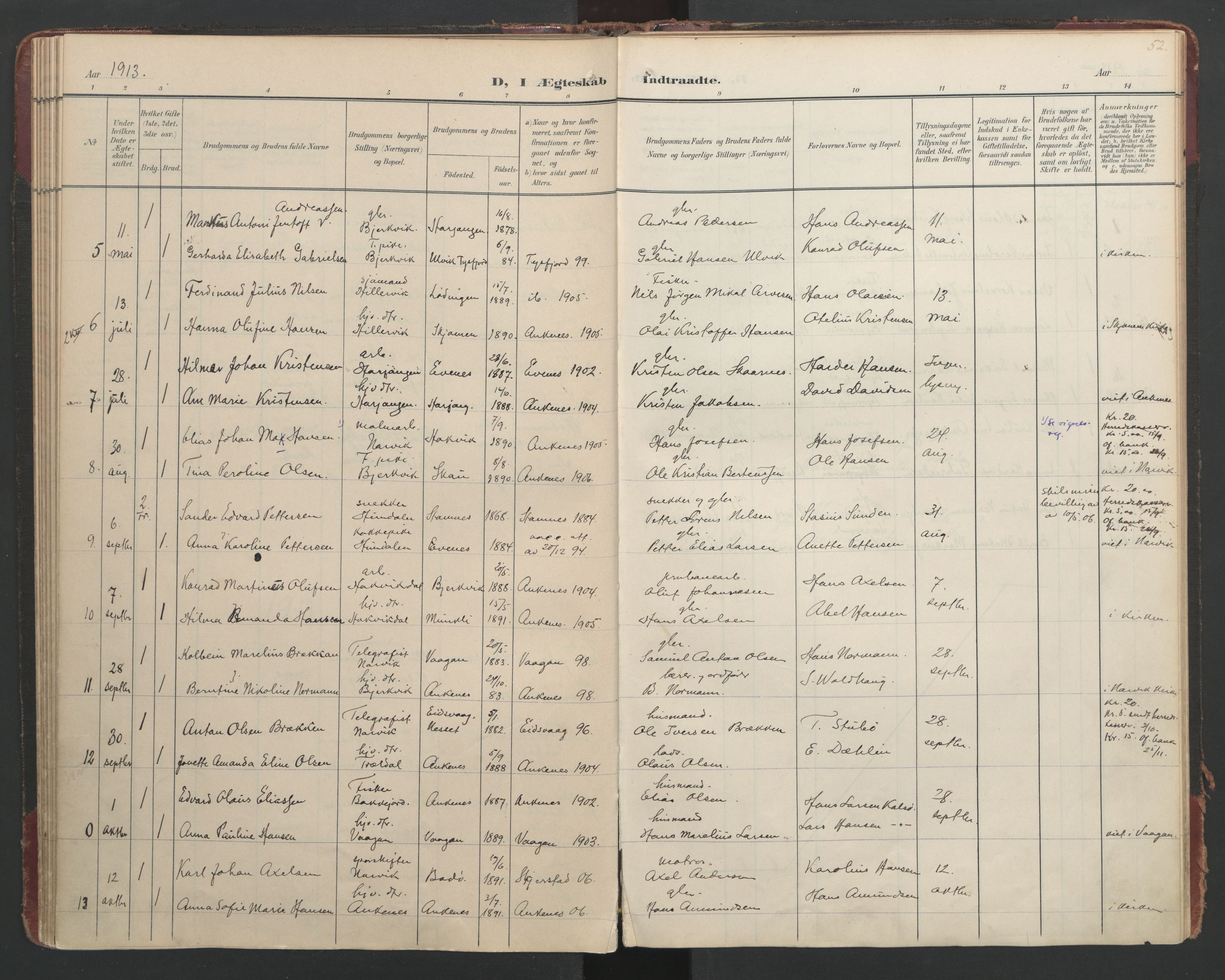 Ministerialprotokoller, klokkerbøker og fødselsregistre - Nordland, SAT/A-1459/866/L0942: Parish register (official) no. 866A05, 1901-1928, p. 52