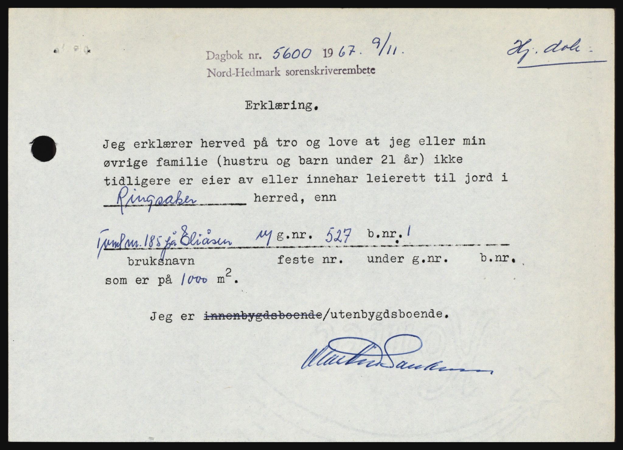 Nord-Hedmark sorenskriveri, SAH/TING-012/H/Hc/L0027: Mortgage book no. 27, 1967-1968, Diary no: : 5600/1967