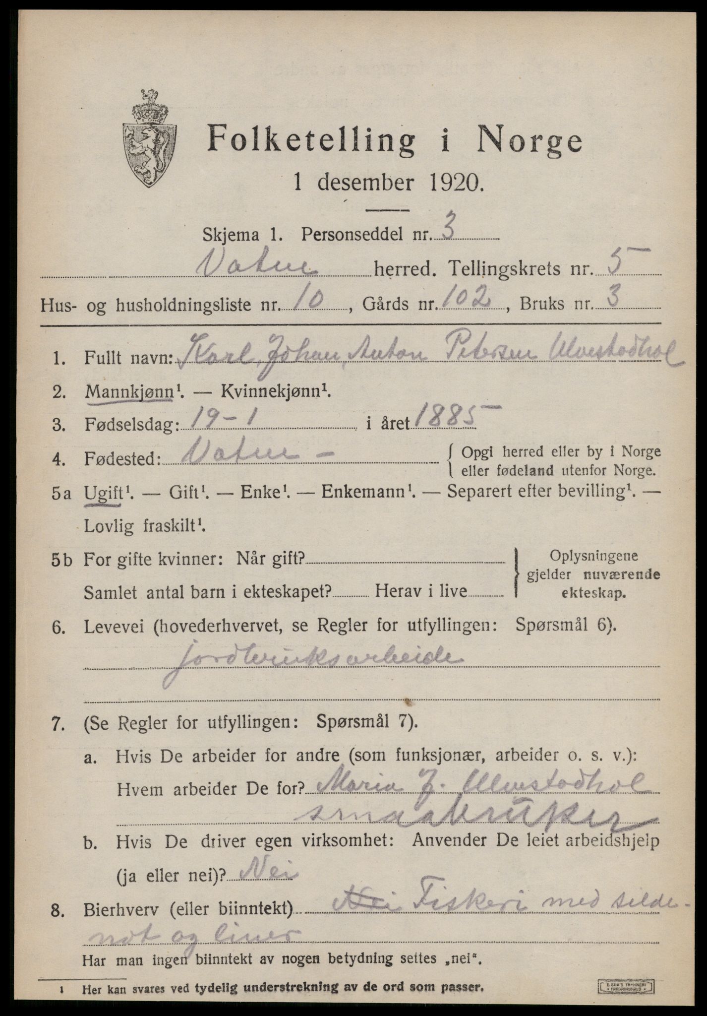 SAT, 1920 census for Vatne, 1920, p. 2278