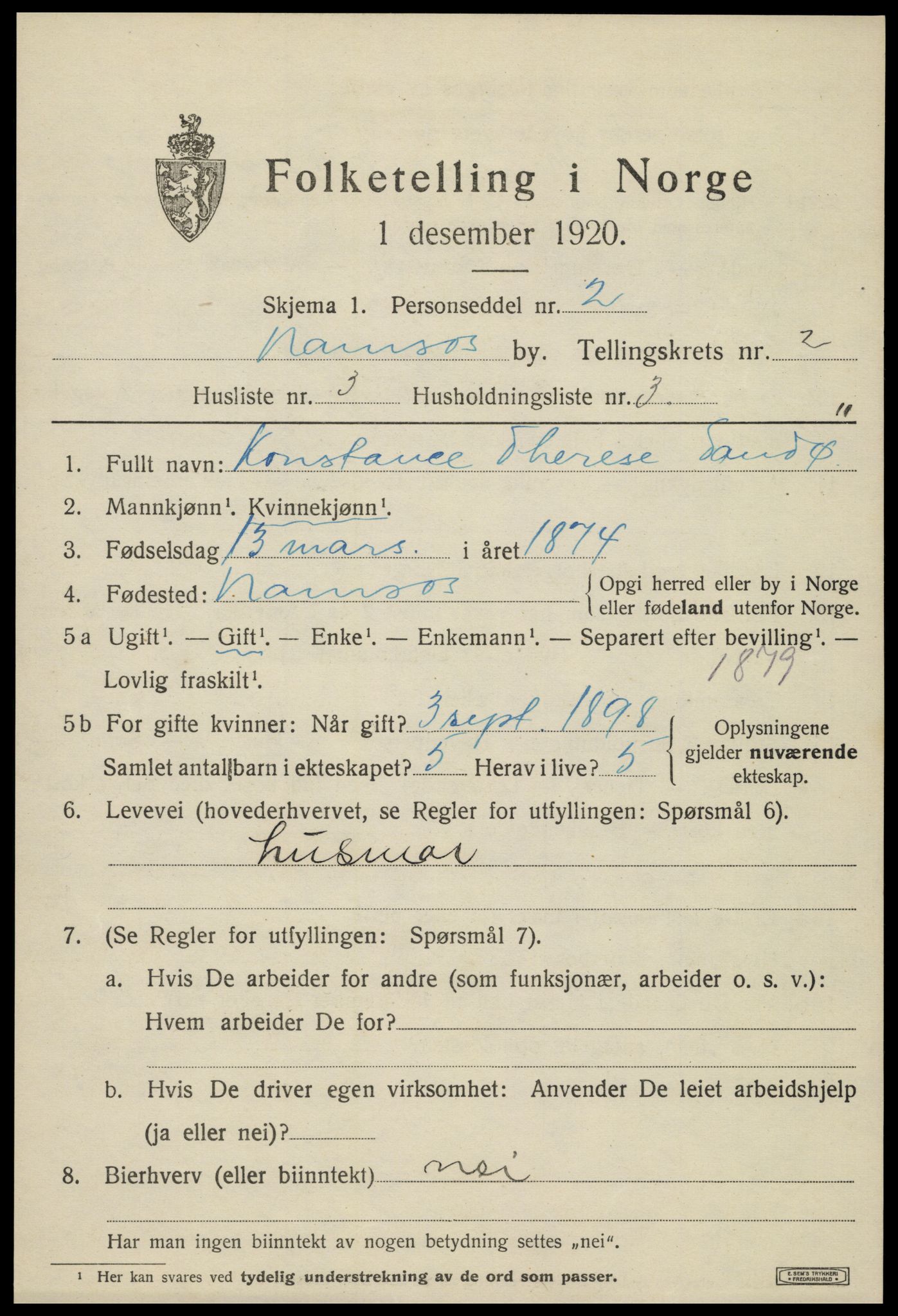 SAT, 1920 census for Namsos, 1920, p. 3169