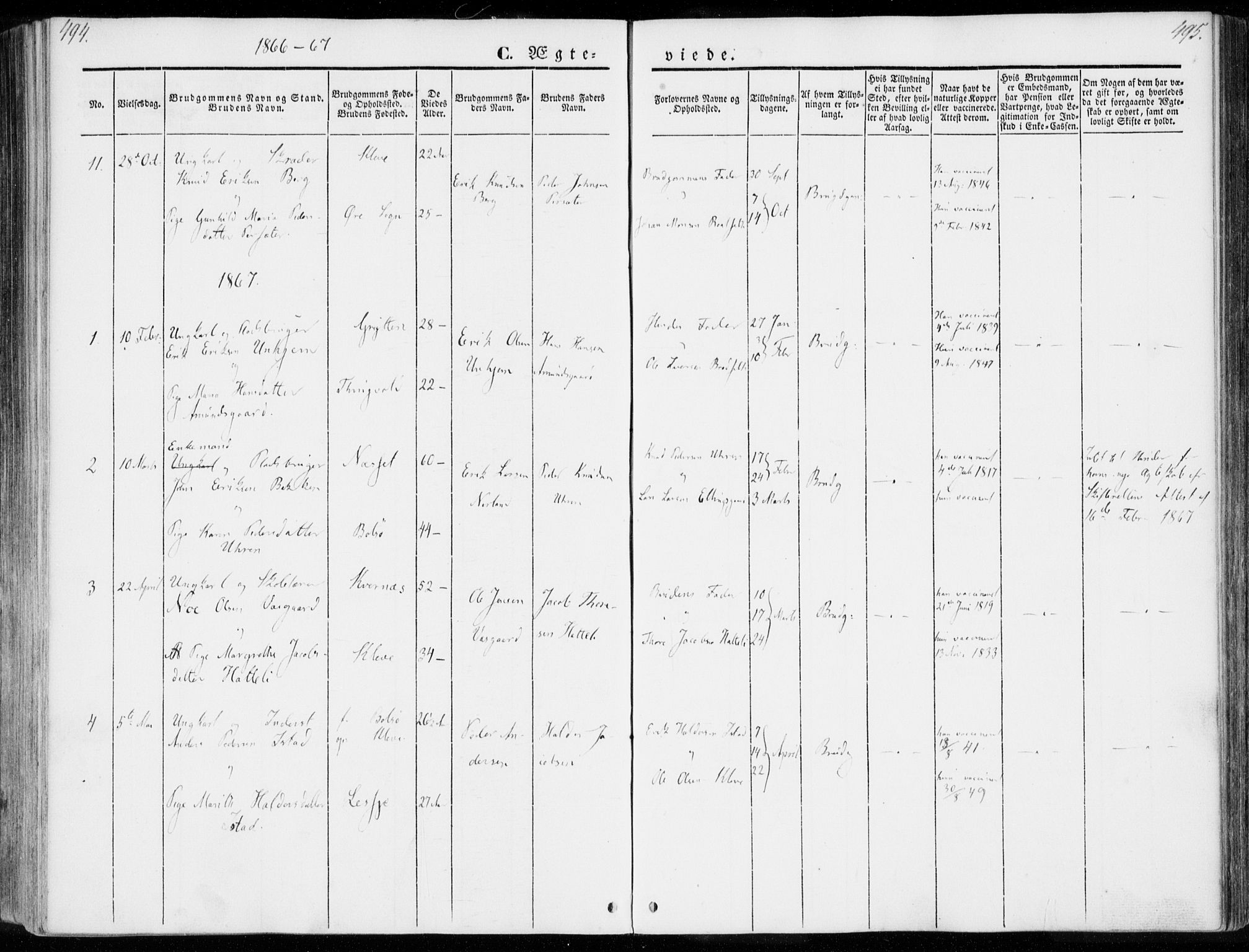 Ministerialprotokoller, klokkerbøker og fødselsregistre - Møre og Romsdal, SAT/A-1454/557/L0680: Parish register (official) no. 557A02, 1843-1869, p. 494-495