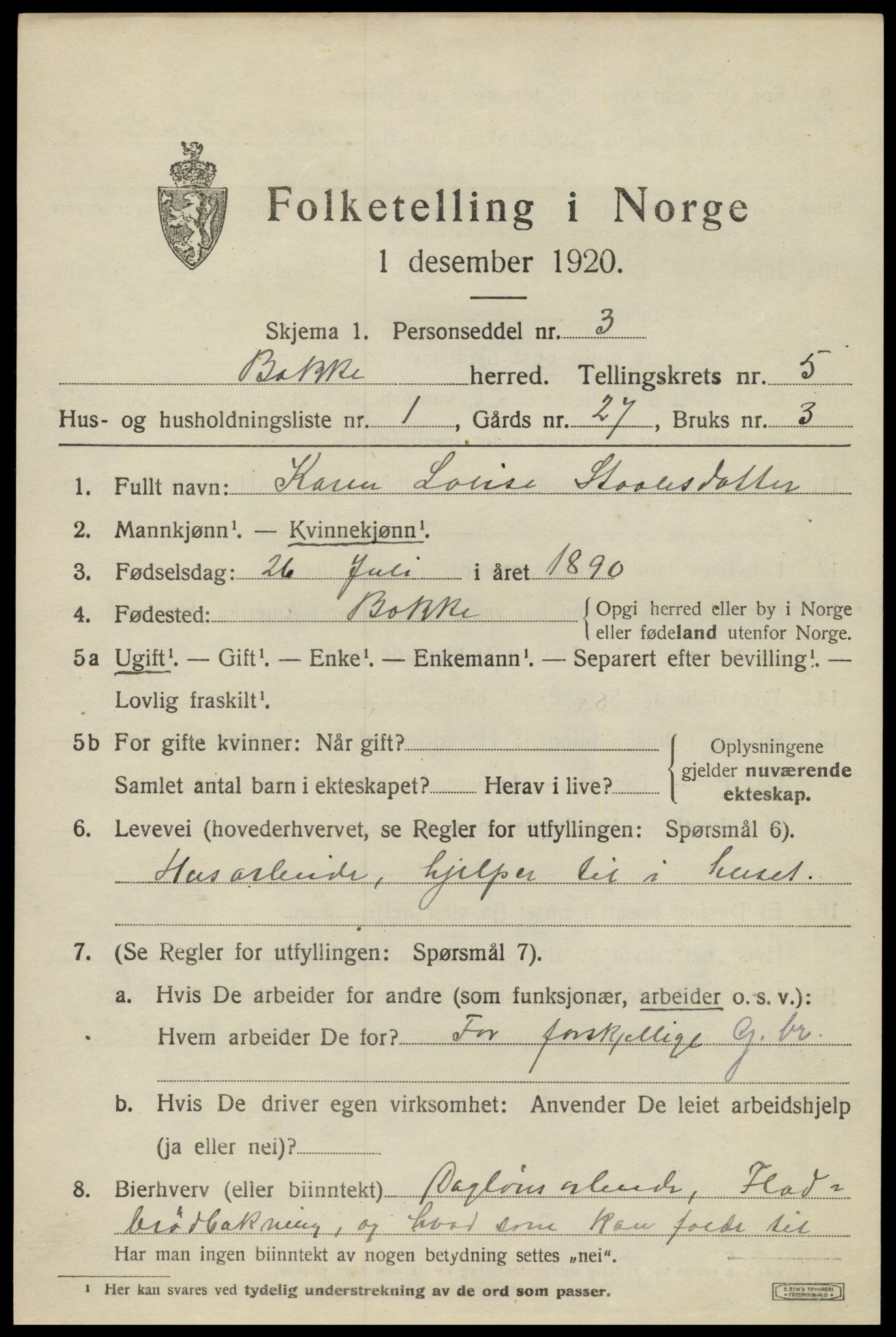 SAK, 1920 census for Bakke, 1920, p. 1432