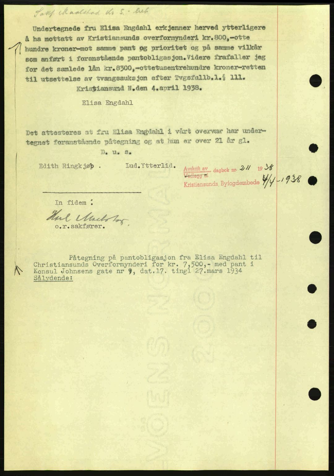 Kristiansund byfogd, SAT/A-4587/A/27: Mortgage book no. 31, 1938-1939, Diary no: : 210/1938
