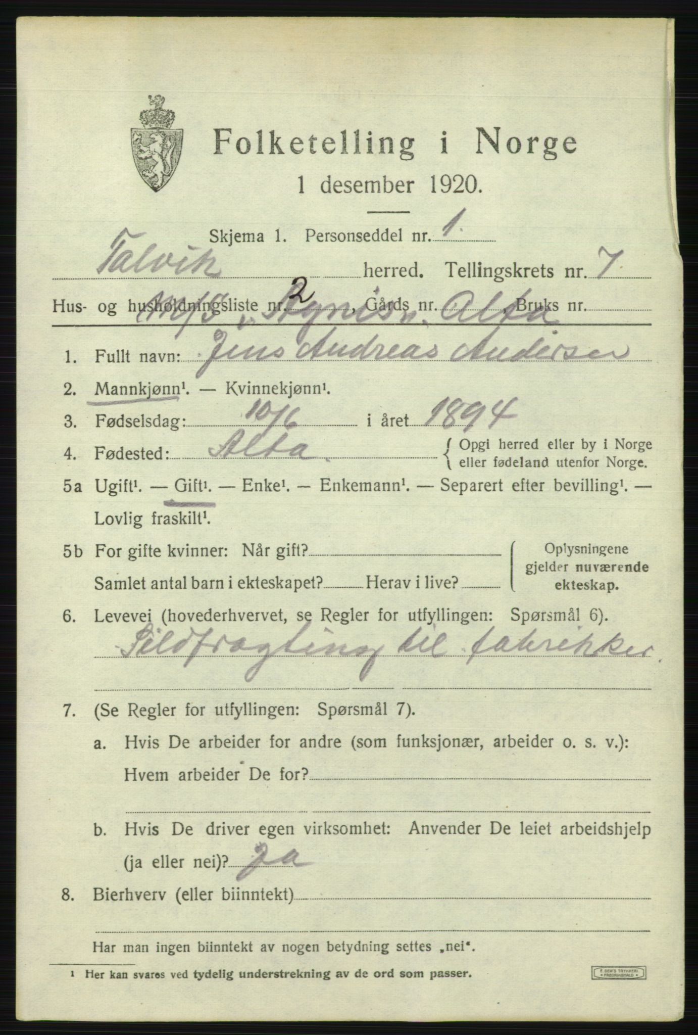 SATØ, 1920 census for Talvik, 1920, p. 4056