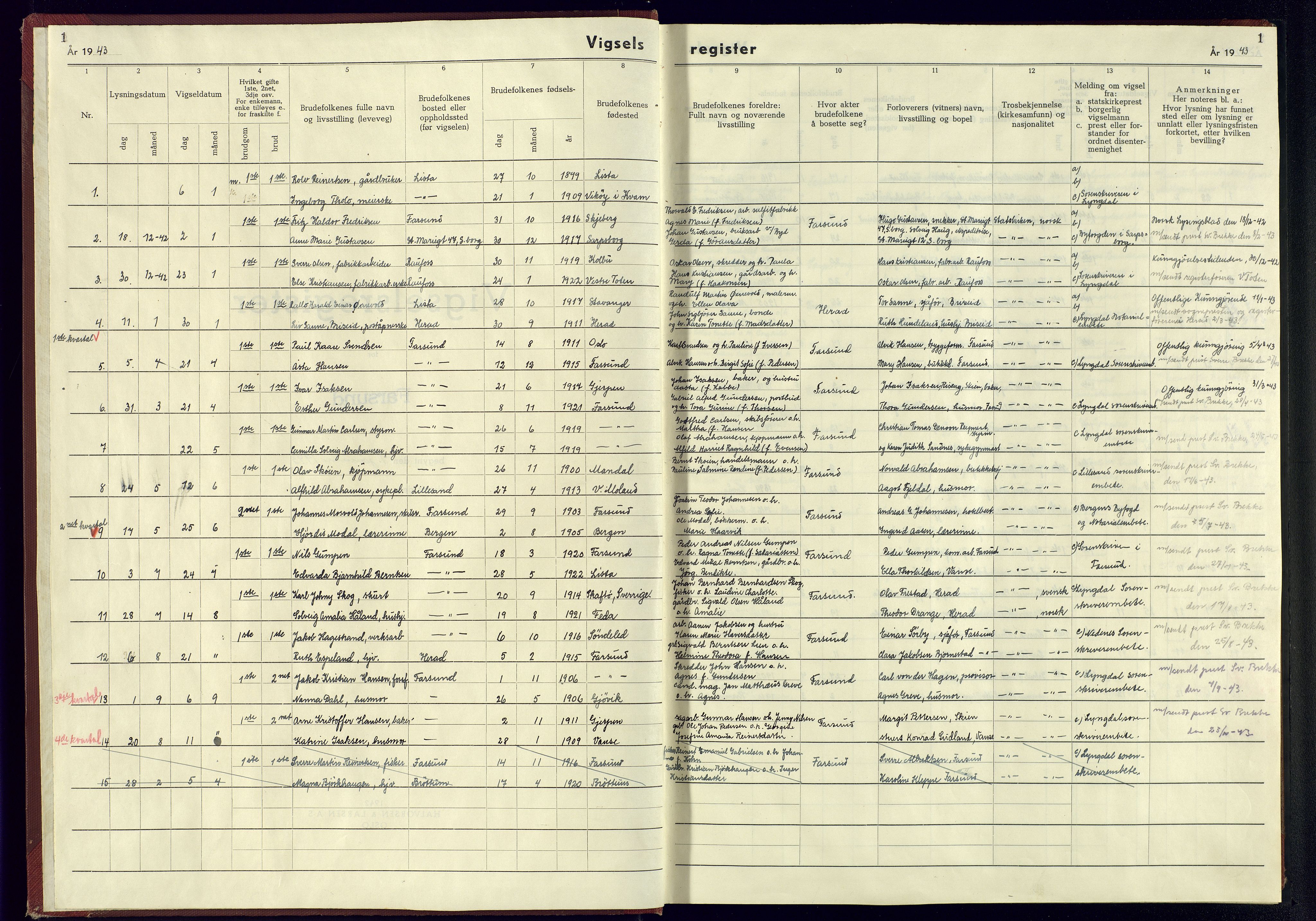 Farsund sokneprestkontor, SAK/1111-0009/J/Jb/L0002: Marriage register no. A-VI-5, 1943-1945, p. 1