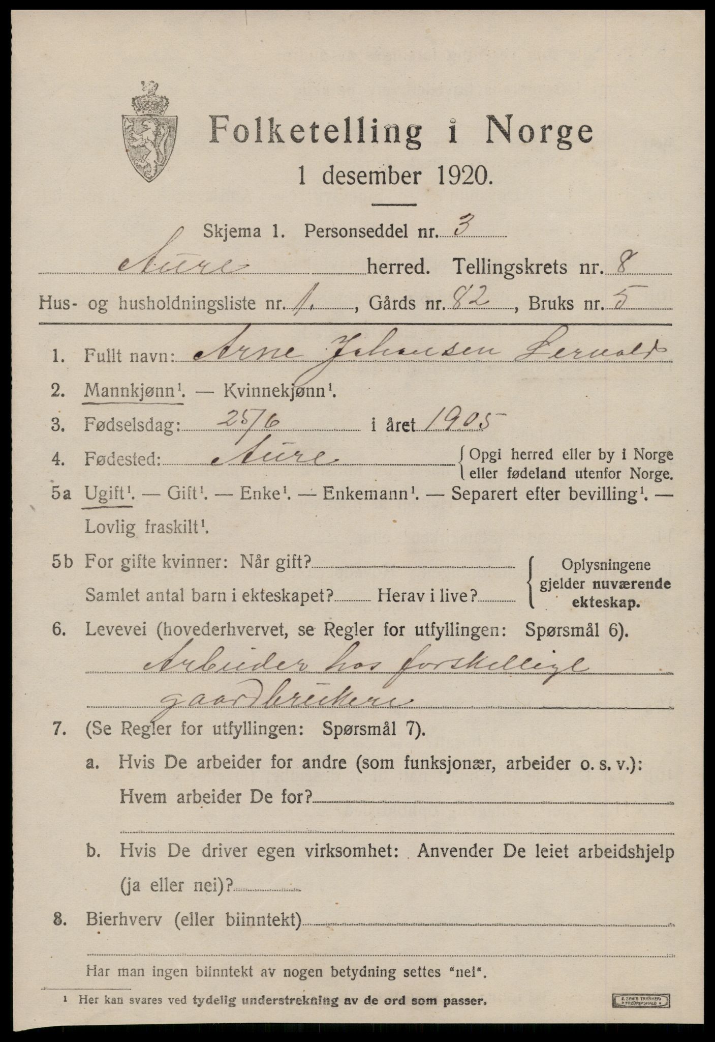 SAT, 1920 census for Aure, 1920, p. 3134