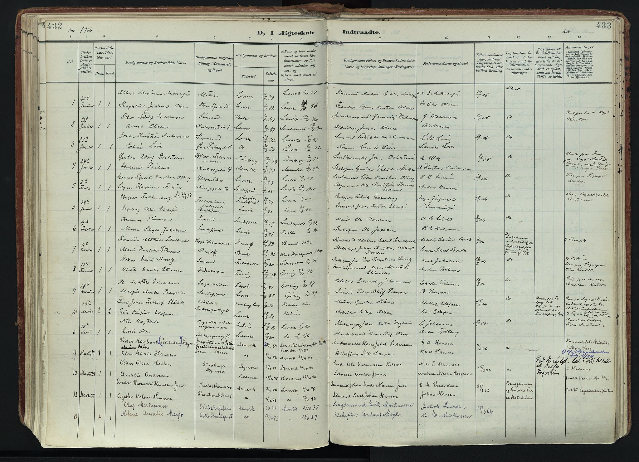 Larvik kirkebøker, SAKO/A-352/F/Fa/L0011: Parish register (official) no. I 11, 1902-1922, p. 432-433