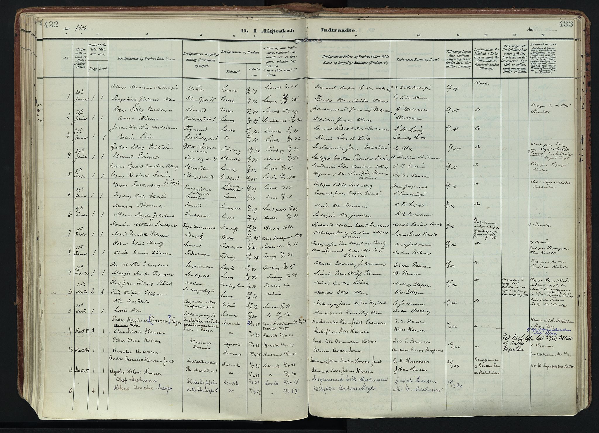 Larvik kirkebøker, AV/SAKO-A-352/F/Fa/L0011: Parish register (official) no. I 11, 1902-1922, p. 432-433