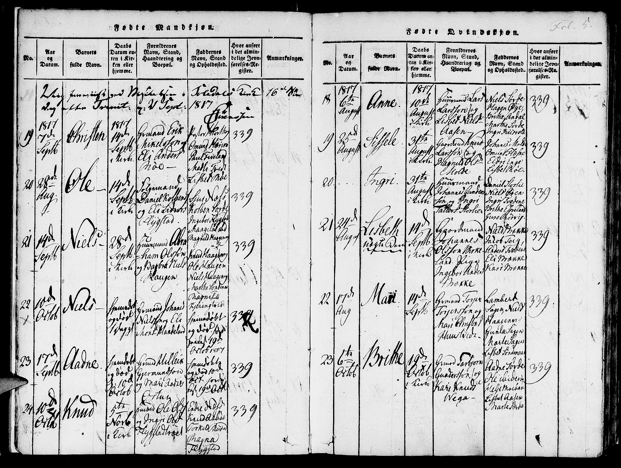 Suldal sokneprestkontor, AV/SAST-A-101845/01/IV/L0007: Parish register (official) no. A 7, 1817-1838, p. 5