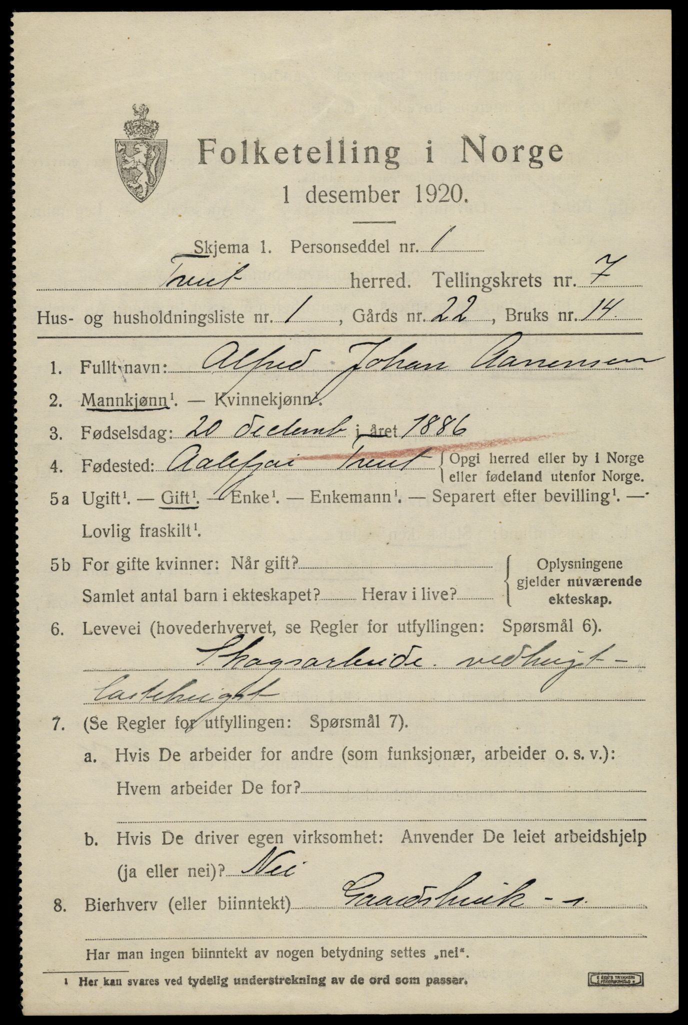 SAK, 1920 census for Tveit, 1920, p. 3196