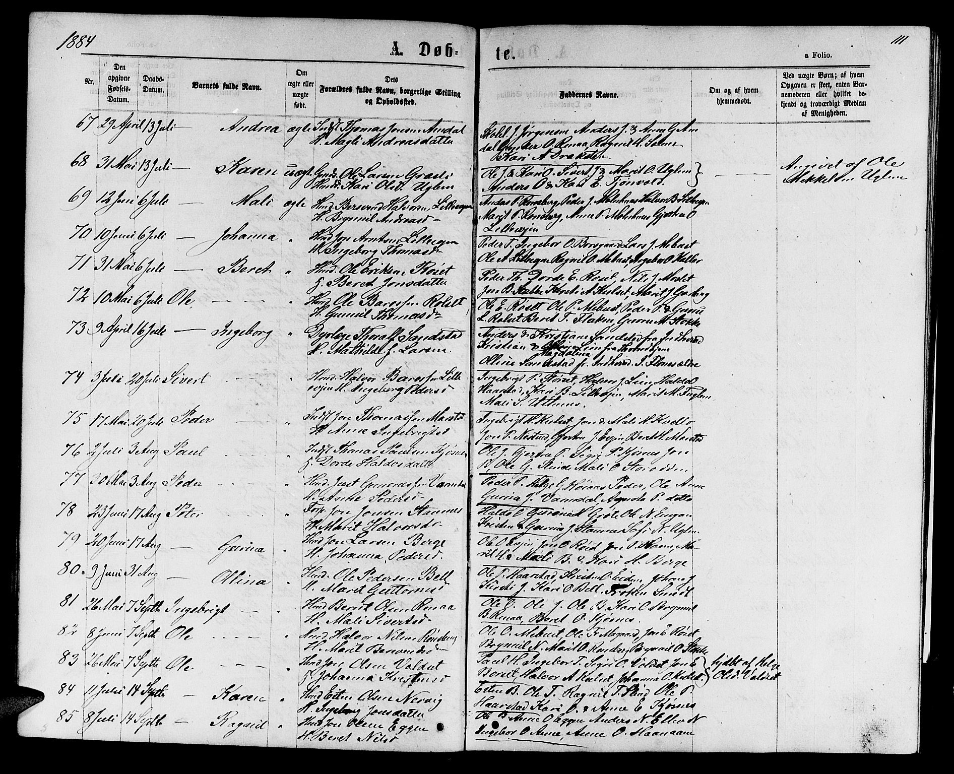 Ministerialprotokoller, klokkerbøker og fødselsregistre - Sør-Trøndelag, AV/SAT-A-1456/695/L1156: Parish register (copy) no. 695C07, 1869-1888, p. 111