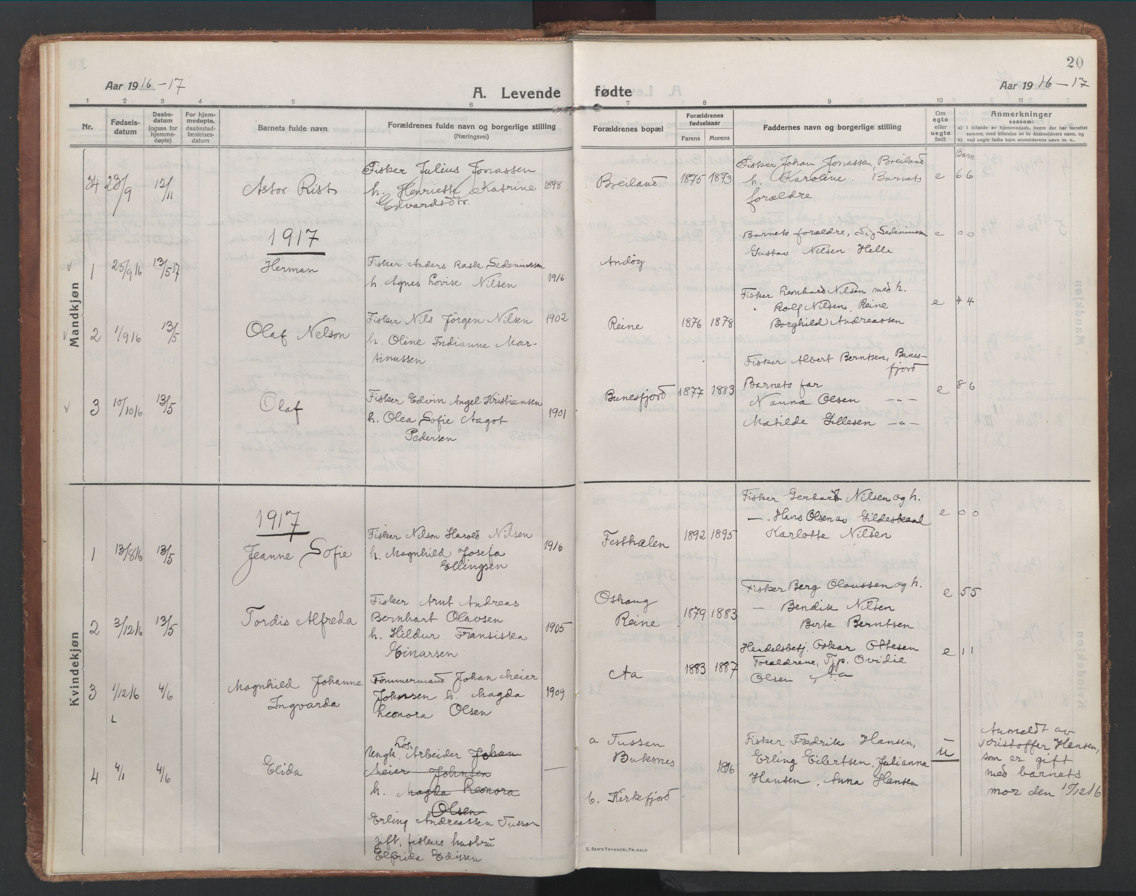 Ministerialprotokoller, klokkerbøker og fødselsregistre - Nordland, SAT/A-1459/886/L1222: Parish register (official) no. 886A04, 1914-1926, p. 20