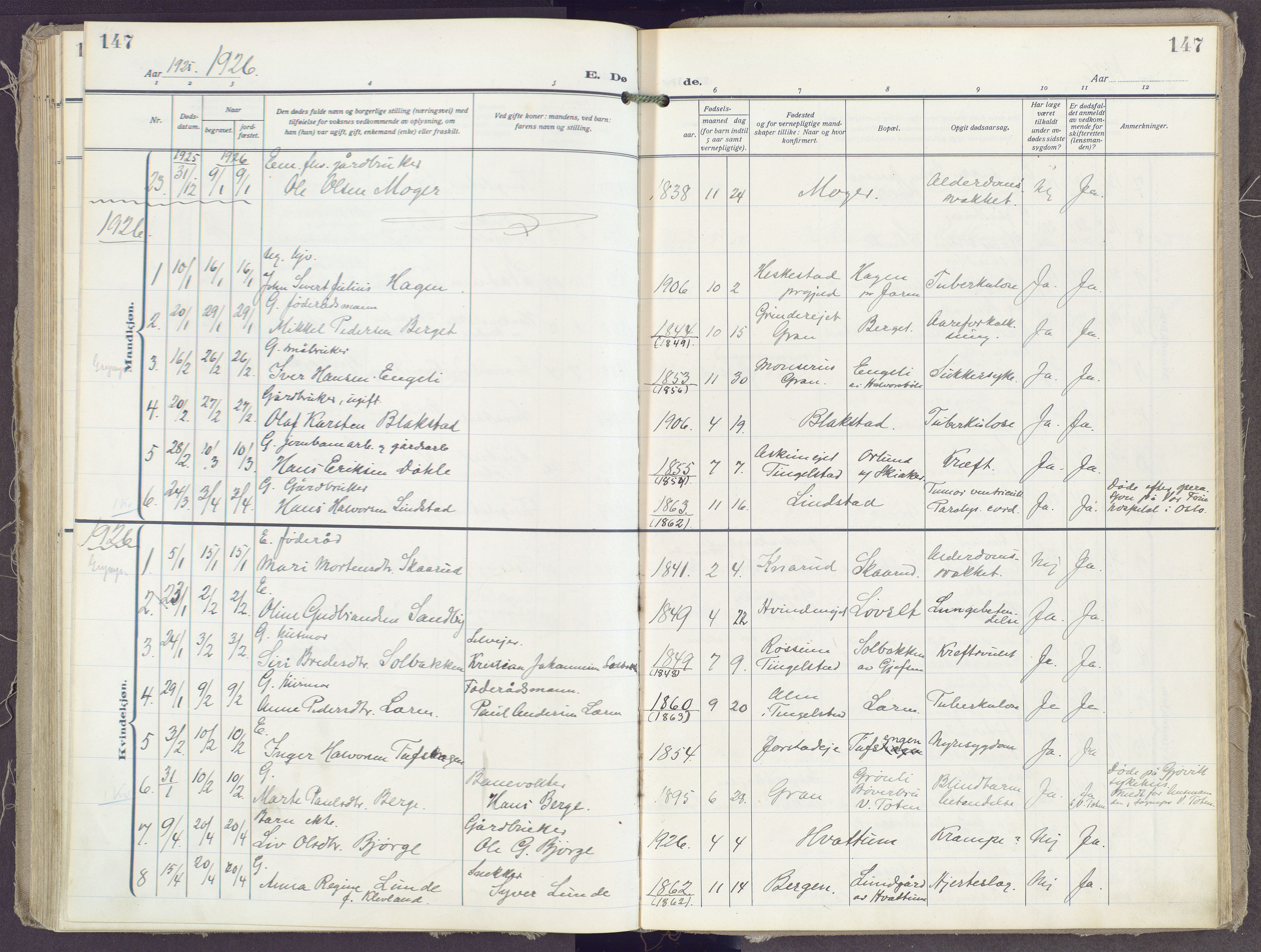Gran prestekontor, SAH/PREST-112/H/Ha/Haa/L0023: Parish register (official) no. 23, 1919-1938, p. 147