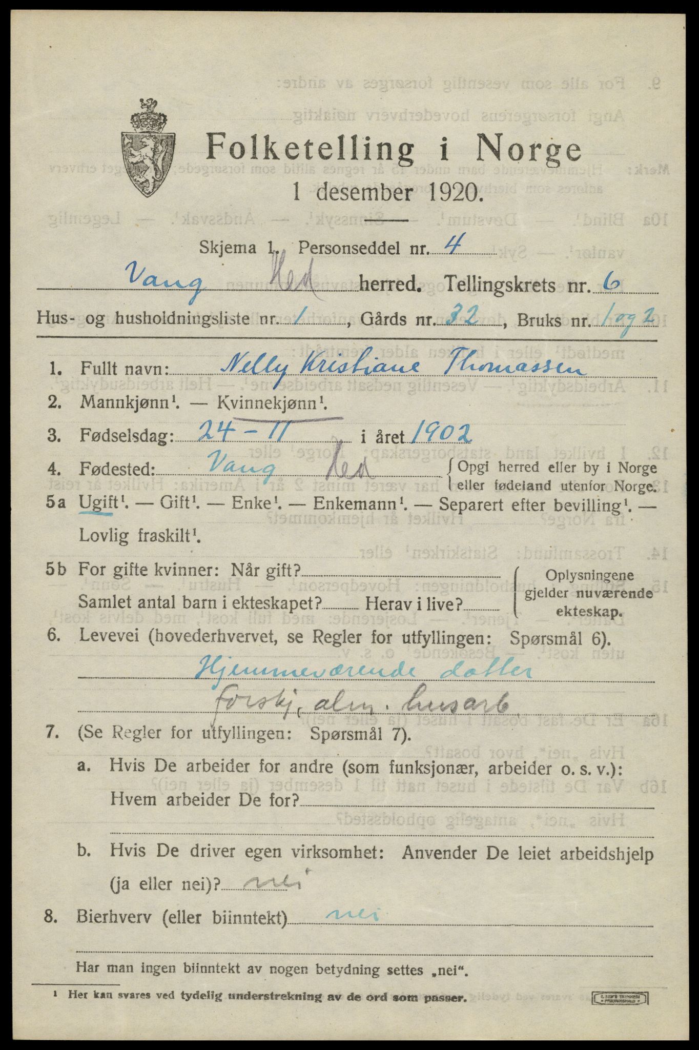 SAH, 1920 census for Vang (Hedmark), 1920, p. 15045