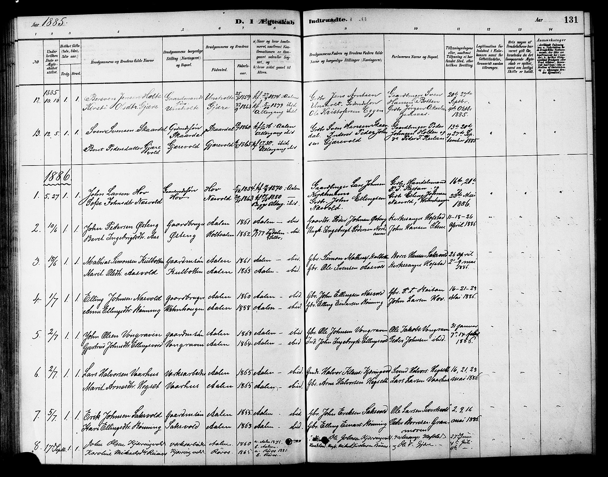 Ministerialprotokoller, klokkerbøker og fødselsregistre - Sør-Trøndelag, SAT/A-1456/686/L0983: Parish register (official) no. 686A01, 1879-1890, p. 131