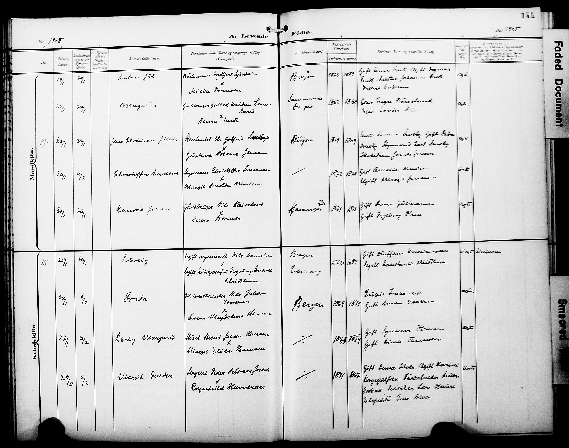 Fødselsstiftelsens sokneprestembete*, SAB/-: Parish register (copy) no. A 1, 1900-1909, p. 141