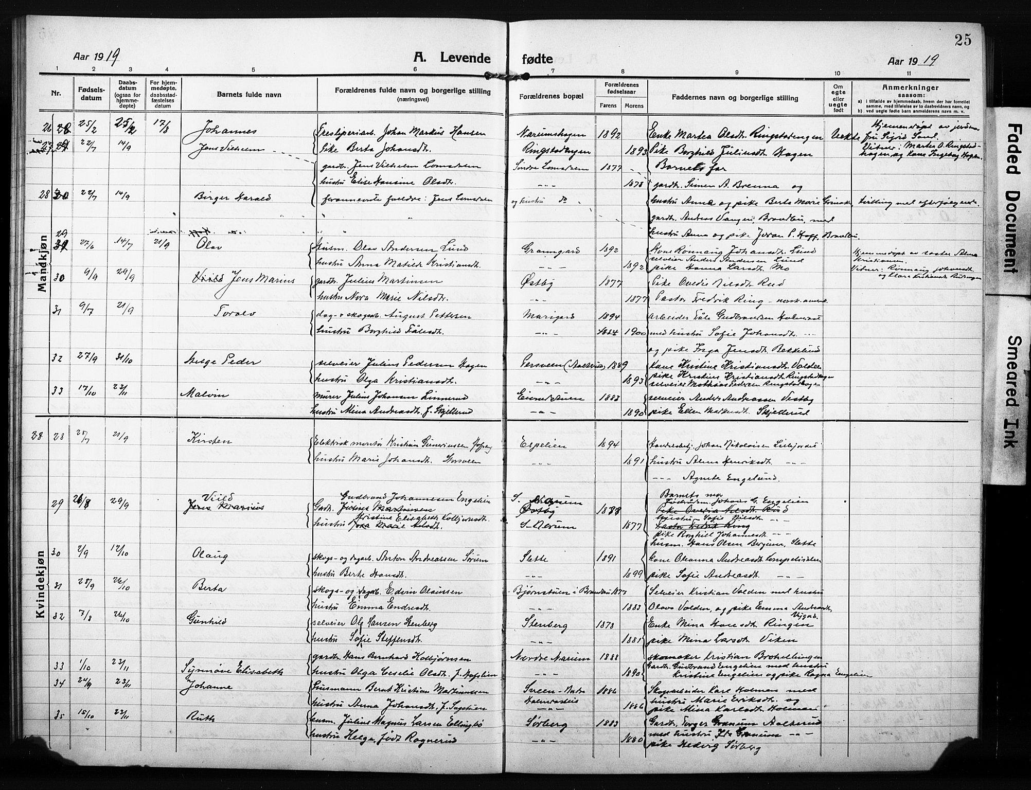 Søndre Land prestekontor, AV/SAH-PREST-122/L/L0007: Parish register (copy) no. 7, 1915-1932, p. 25