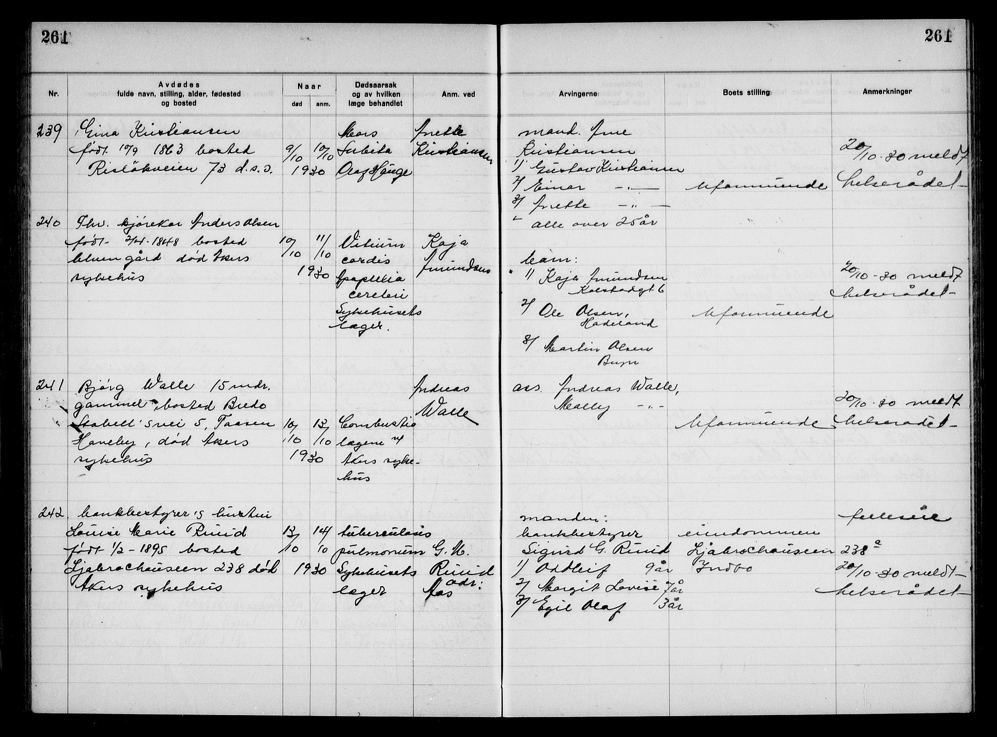 Aker kriminaldommer, skifte- og auksjonsforvalterembete, AV/SAO-A-10452/H/Hb/Hba/Hbac/L0002: Dødsfallsprotokoll for Østre Aker, 1927-1931, p. 261