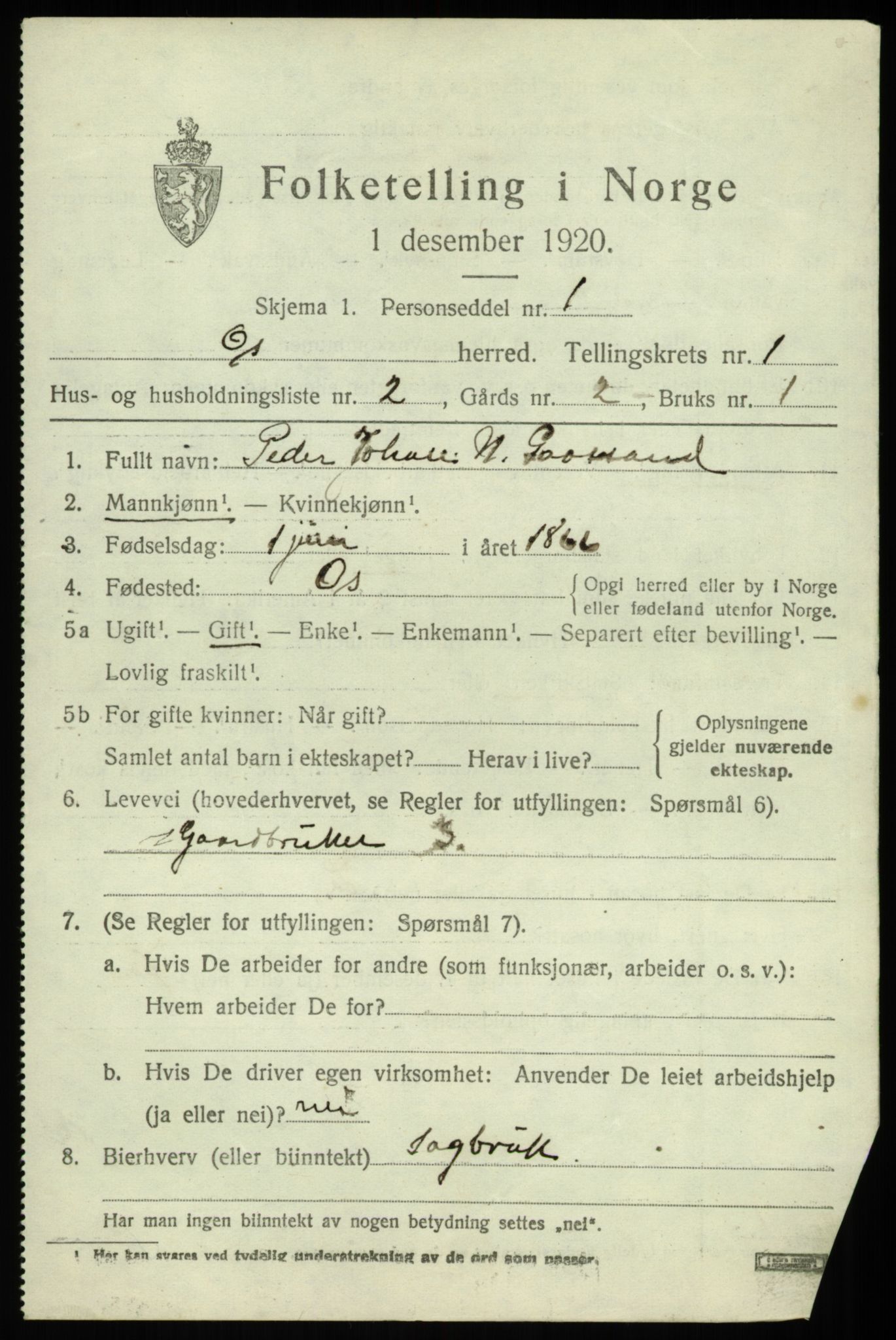 SAB, 1920 census for Os, 1920, p. 1196