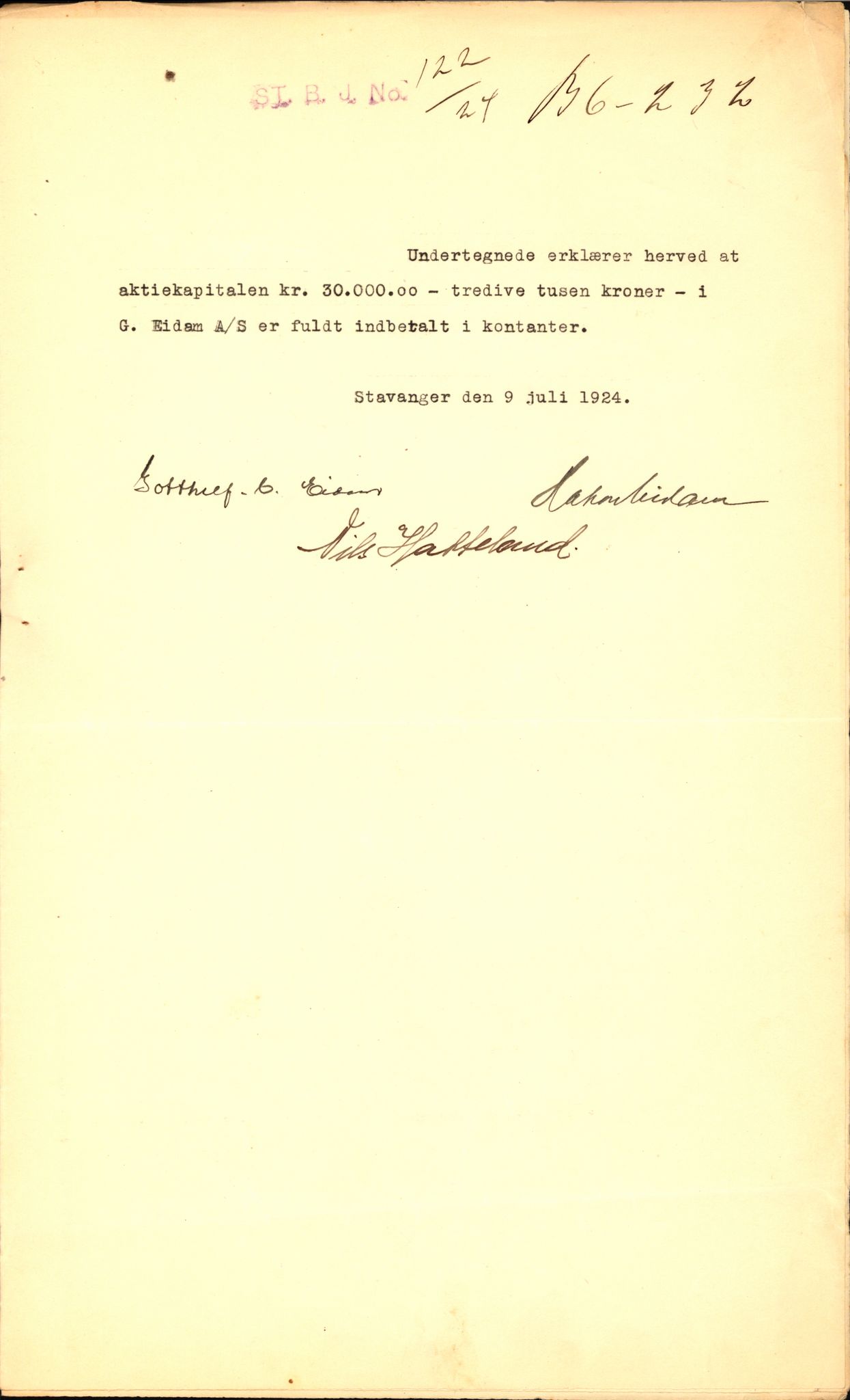 Stavanger byfogd, AV/SAST-A-101408/002/J/Jd/Jde/L0034: Registreringsmeldinger og bilag. Aksjeselskap, 99-165, 1915-1961, p. 47
