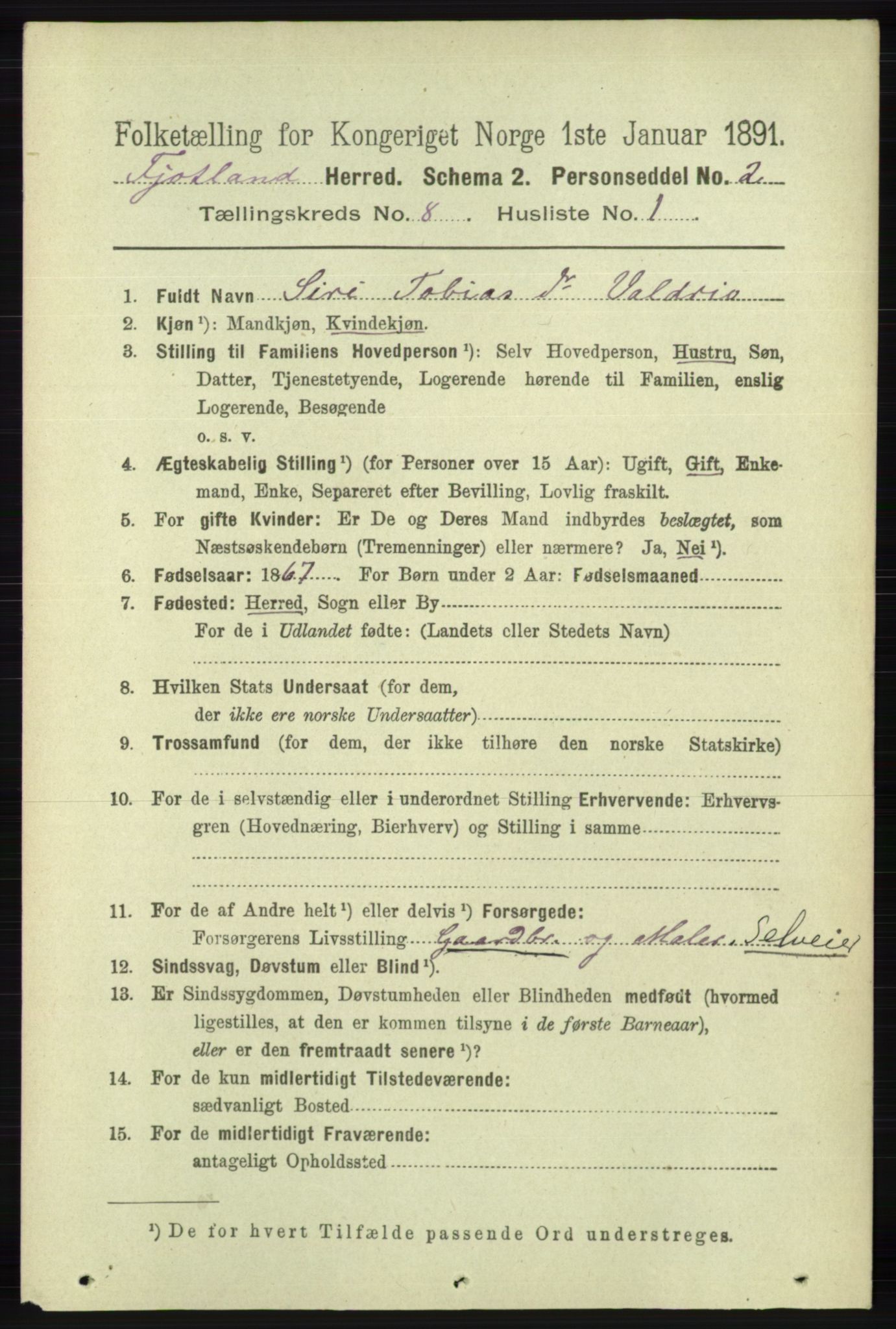 RA, 1891 census for 1036 Fjotland, 1891, p. 1190