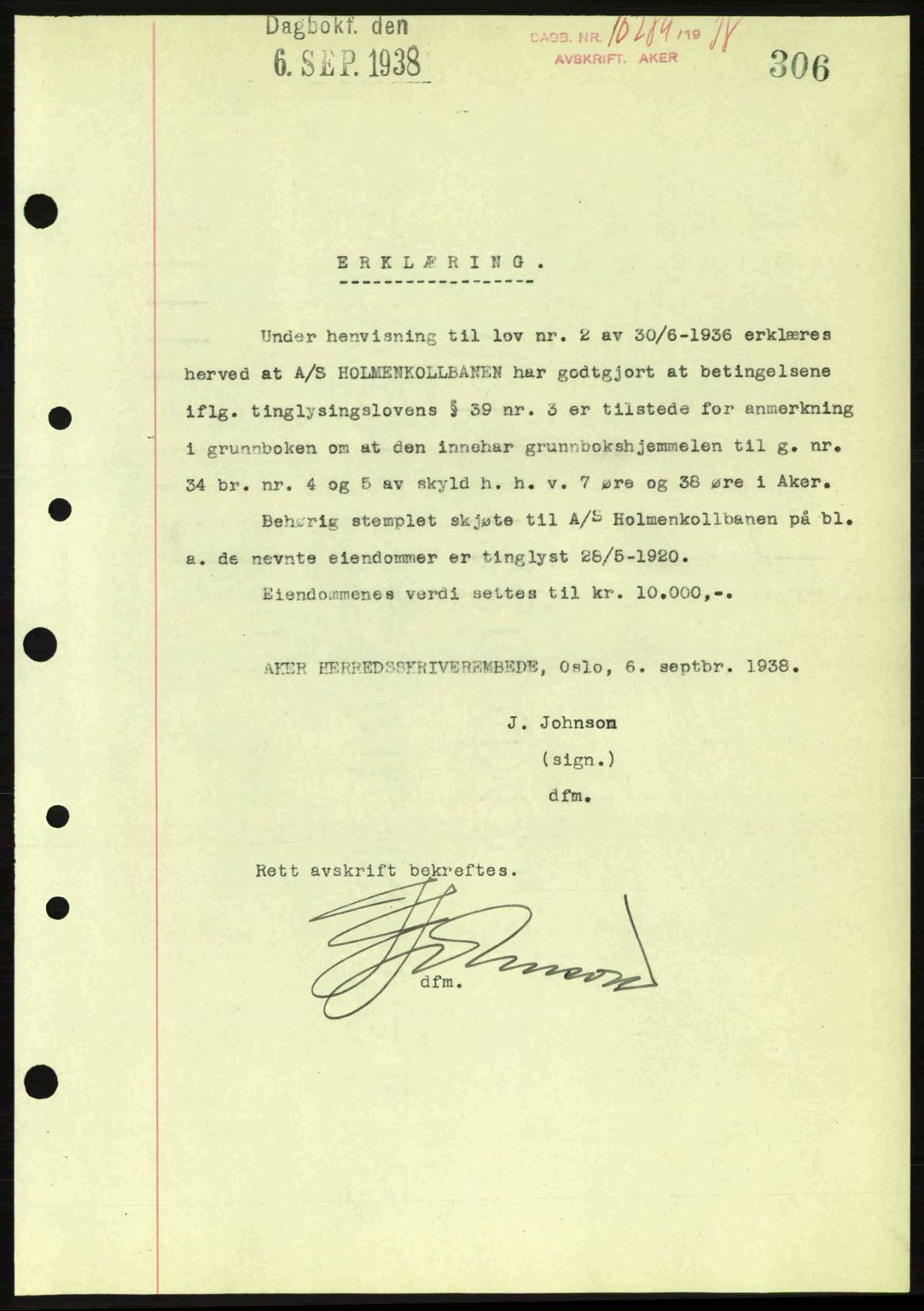 Aker herredsskriveri, SAO/A-10896/G/Gb/Gba/Gbab/L0025: Mortgage book no. A154-155, 1938-1938, Diary no: : 10289/1938