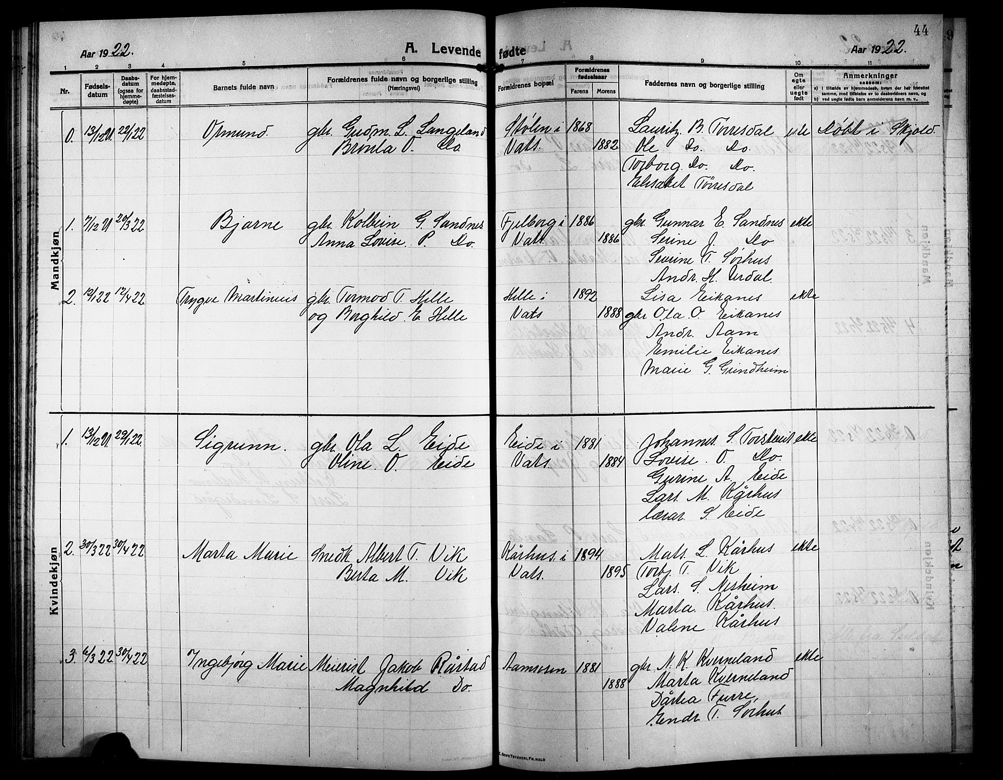 Skjold sokneprestkontor, SAST/A-101847/H/Ha/Hab/L0009: Parish register (copy) no. B 9, 1914-1925, p. 44