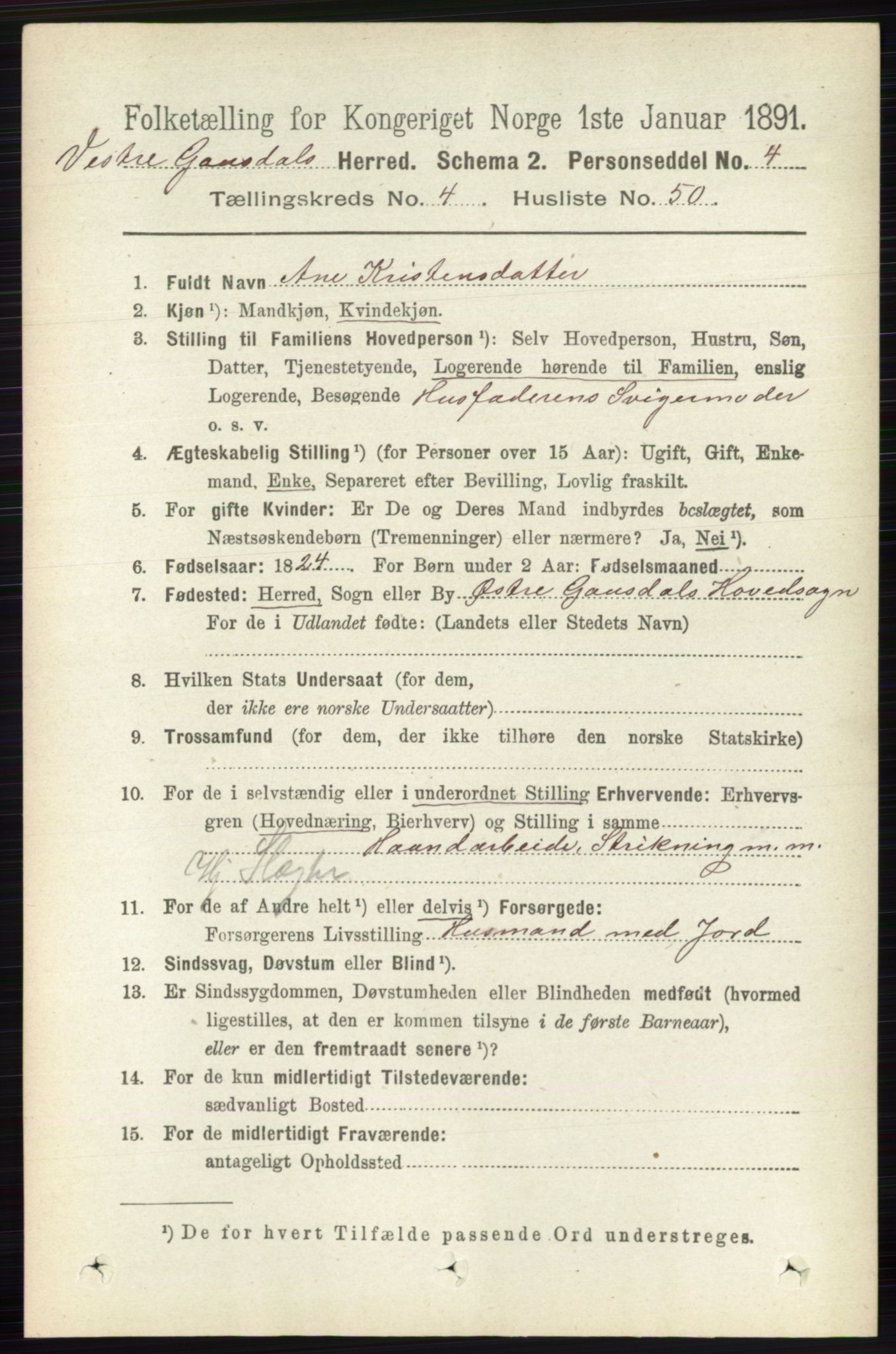 RA, 1891 census for 0523 Vestre Gausdal, 1891, p. 1990